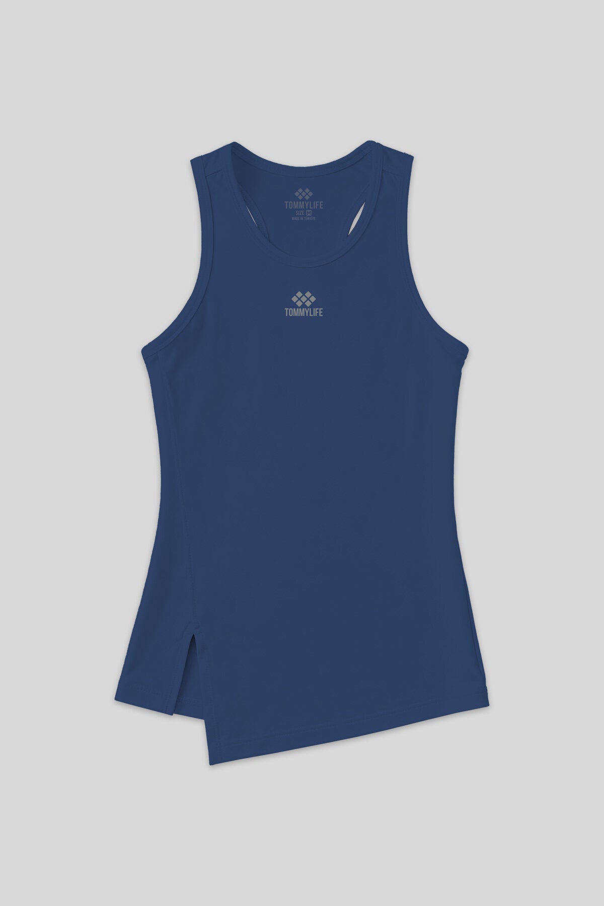 Image of Maiou sport fără mâneci, croială standard, Indigo pentru femei, cu detaliu de crăpături și guler rotund - 97256