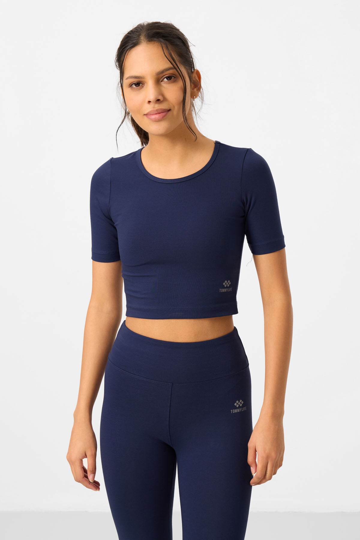 Image of İndigo Yüksek Bel Kapri-Crop T-Shirt Slim Fit Kadın Tayt Takım - 95285