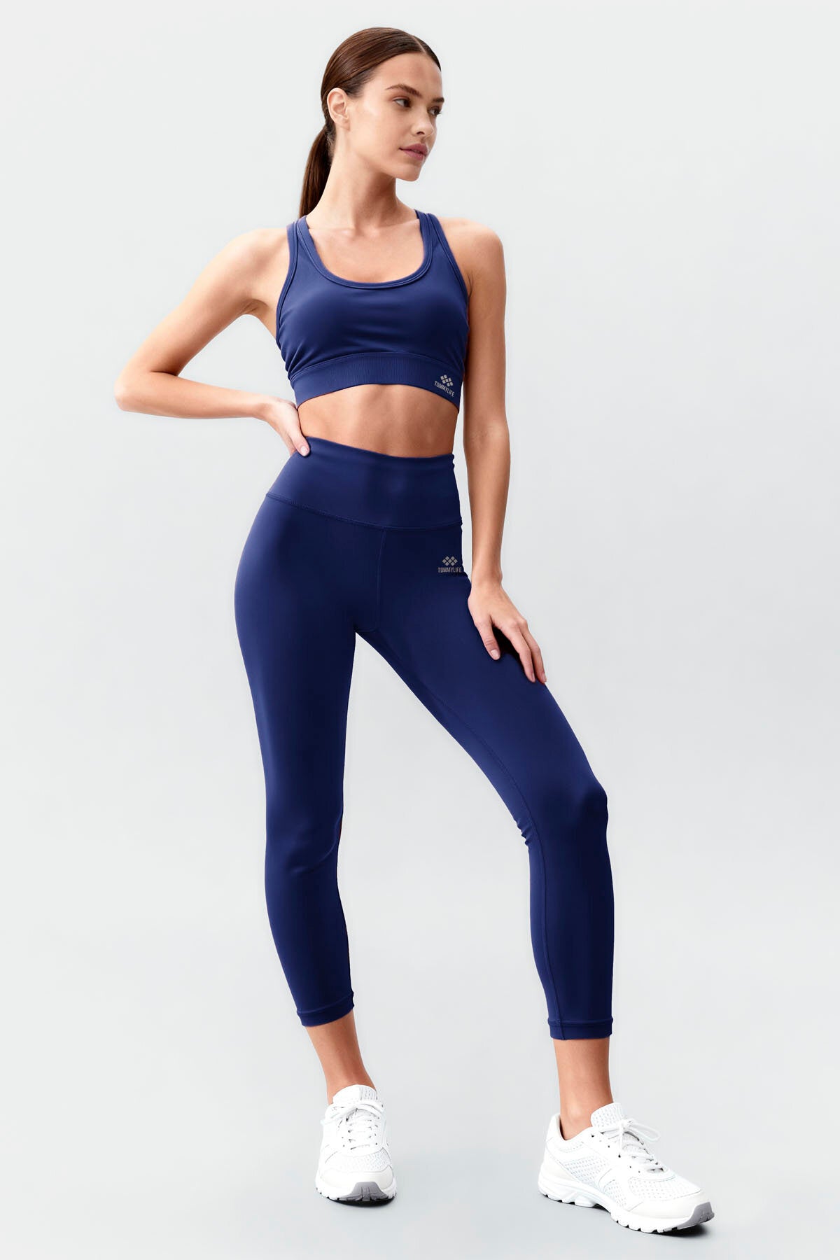 Image of İndigo Yüksek Bel Toparlayıcı Çapraz Sırt Detaylı Slim Fit Kadın Tayt Takım - 95283