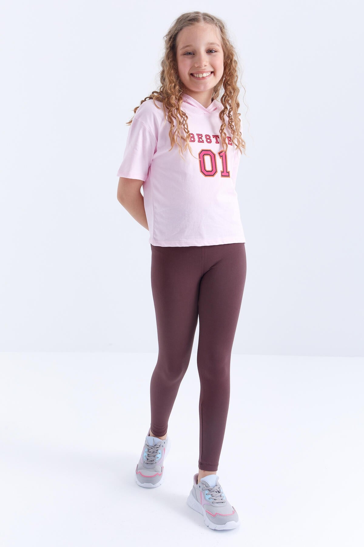 Image of Colanți maro cu talie înaltă, slim fit, pentru fete - 75047