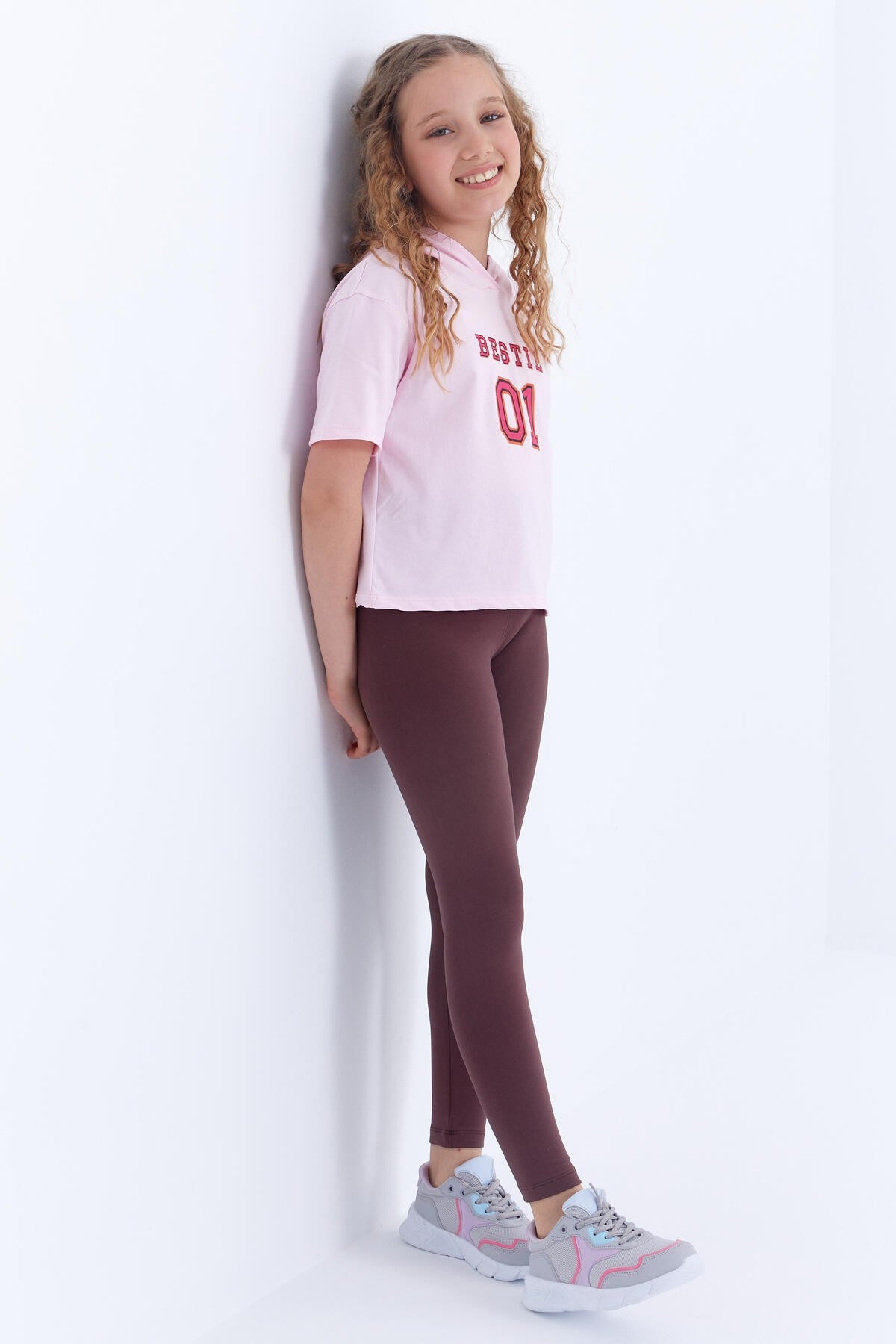 Image of Colanți maro cu talie înaltă, slim fit, pentru fete - 75047