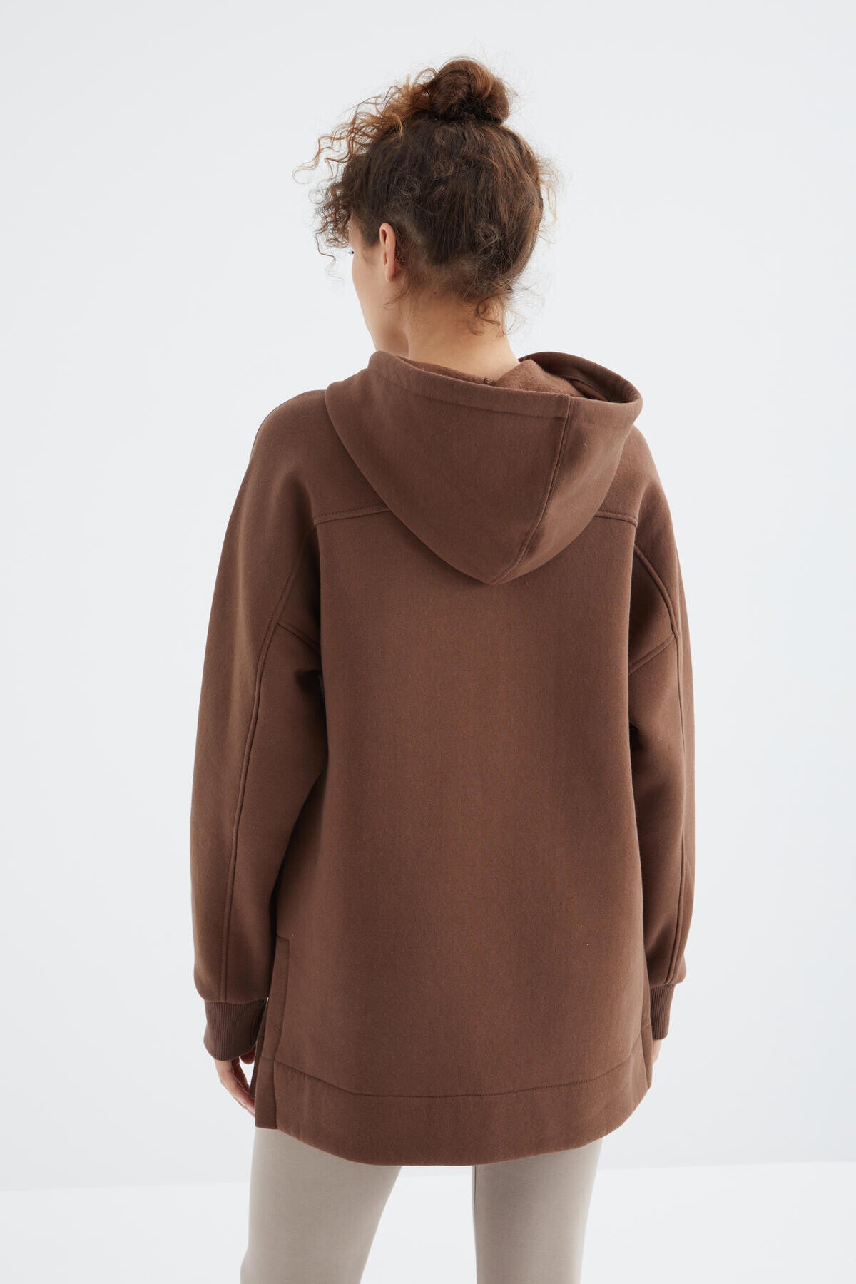 Image of Kahverengi Reglan Kol Basic Kapüşonlu Oversize Sweatshirt Tunik - 97242