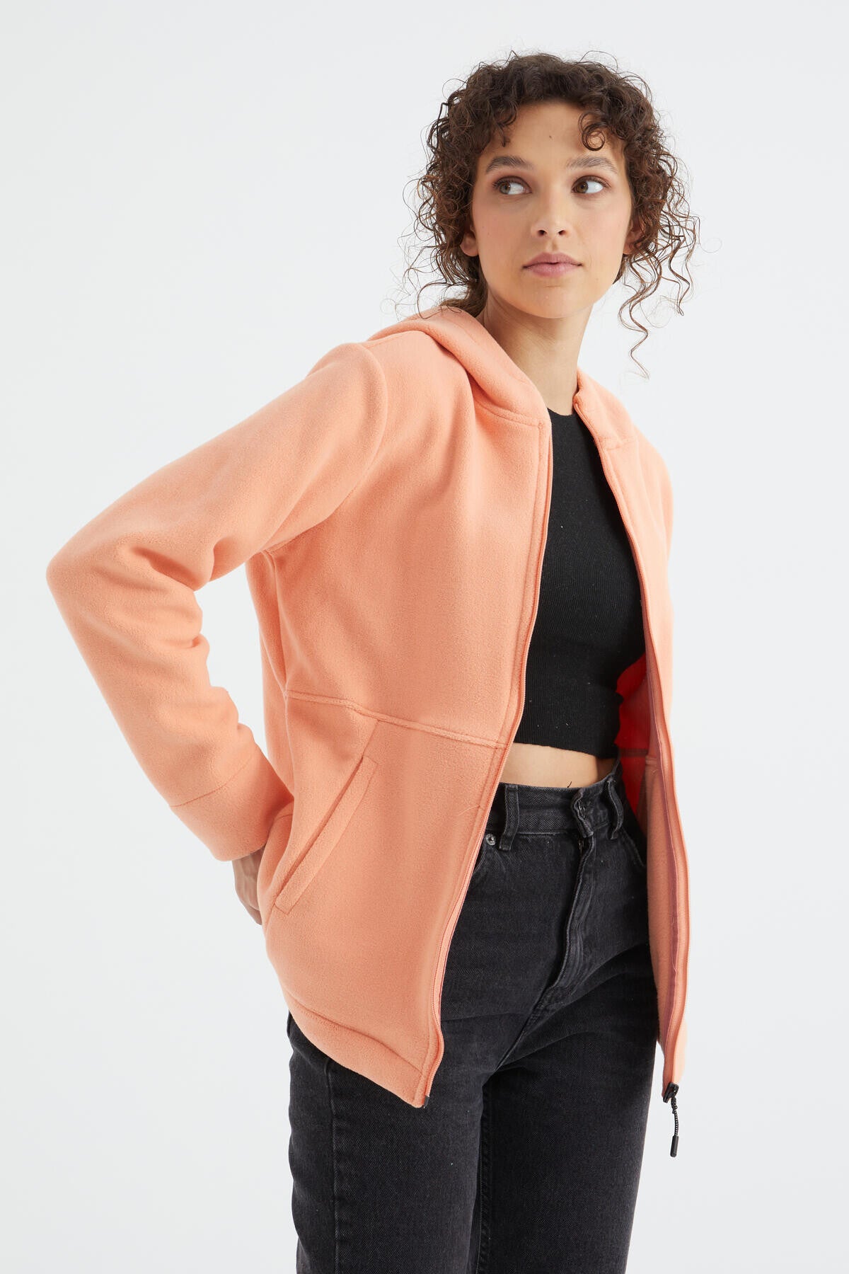 Image of Kavun Içi Kapüşonlu Fermuarlı Rahat Form Kadın Polar Sweatshirt - 97233