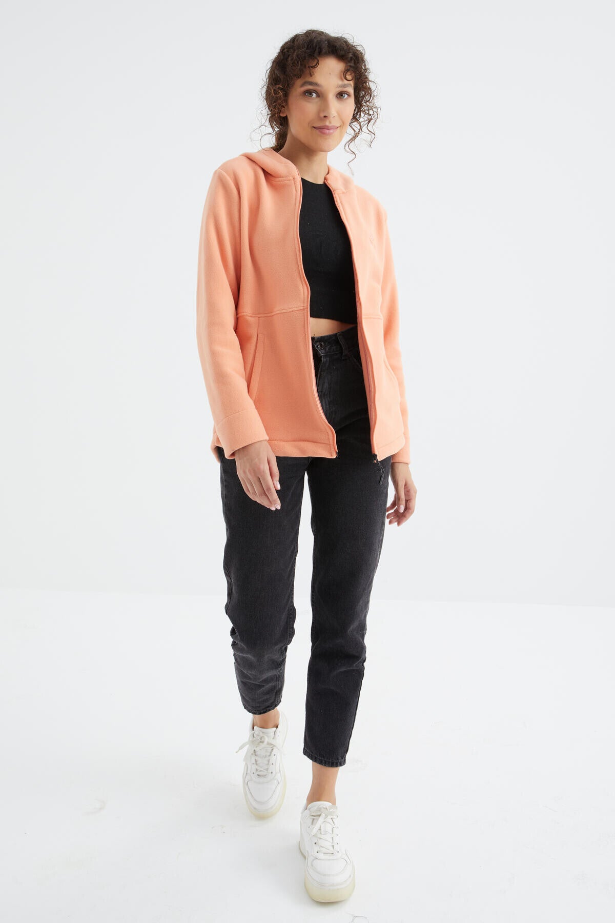 Image of Kavun Içi Kapüşonlu Fermuarlı Rahat Form Kadın Polar Sweatshirt - 97233