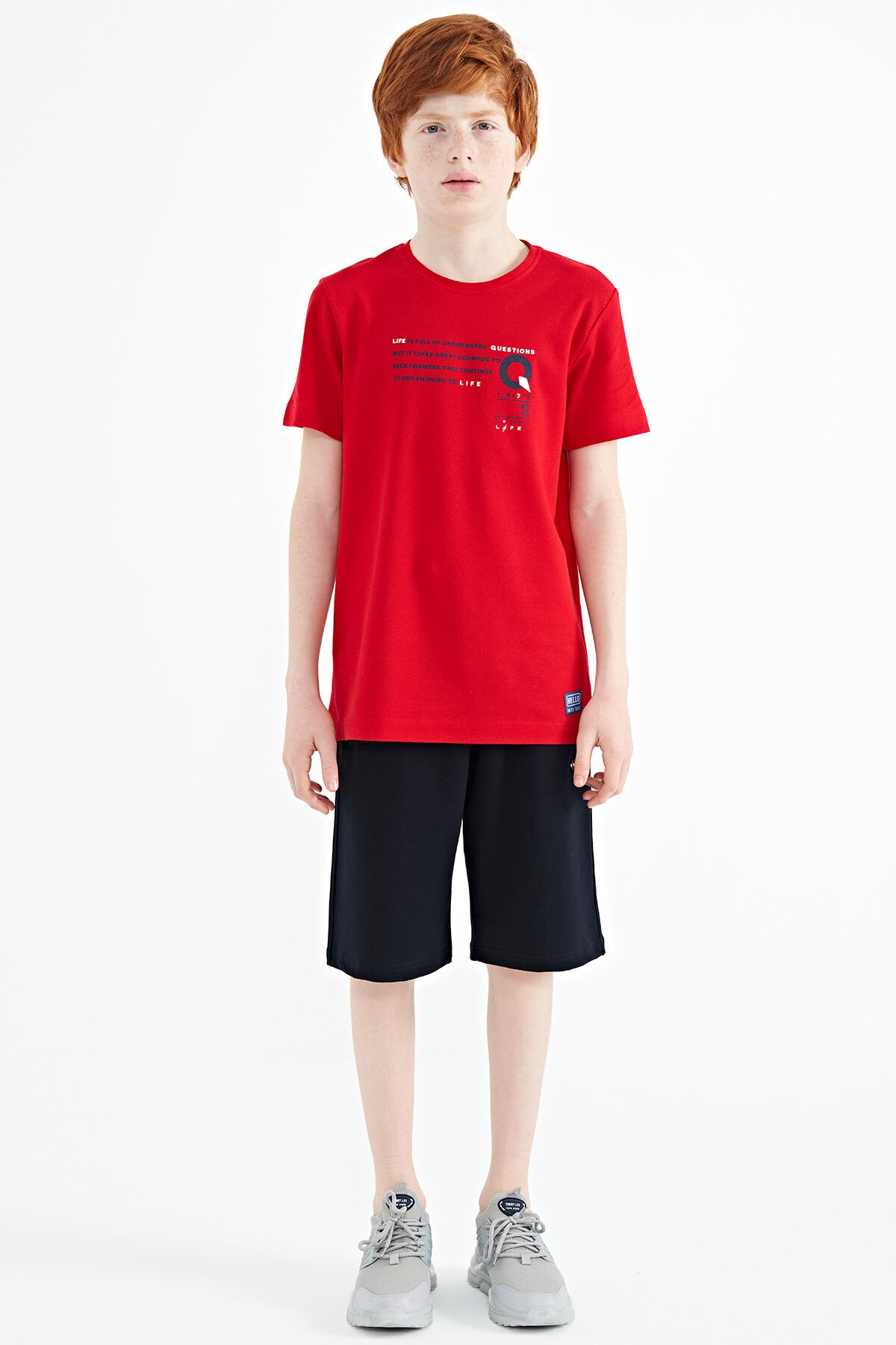 Image of Kırmızı Baskı Detaylı O Yaka Standart Kalıp Erkek Çocuk T-Shirt - 11145