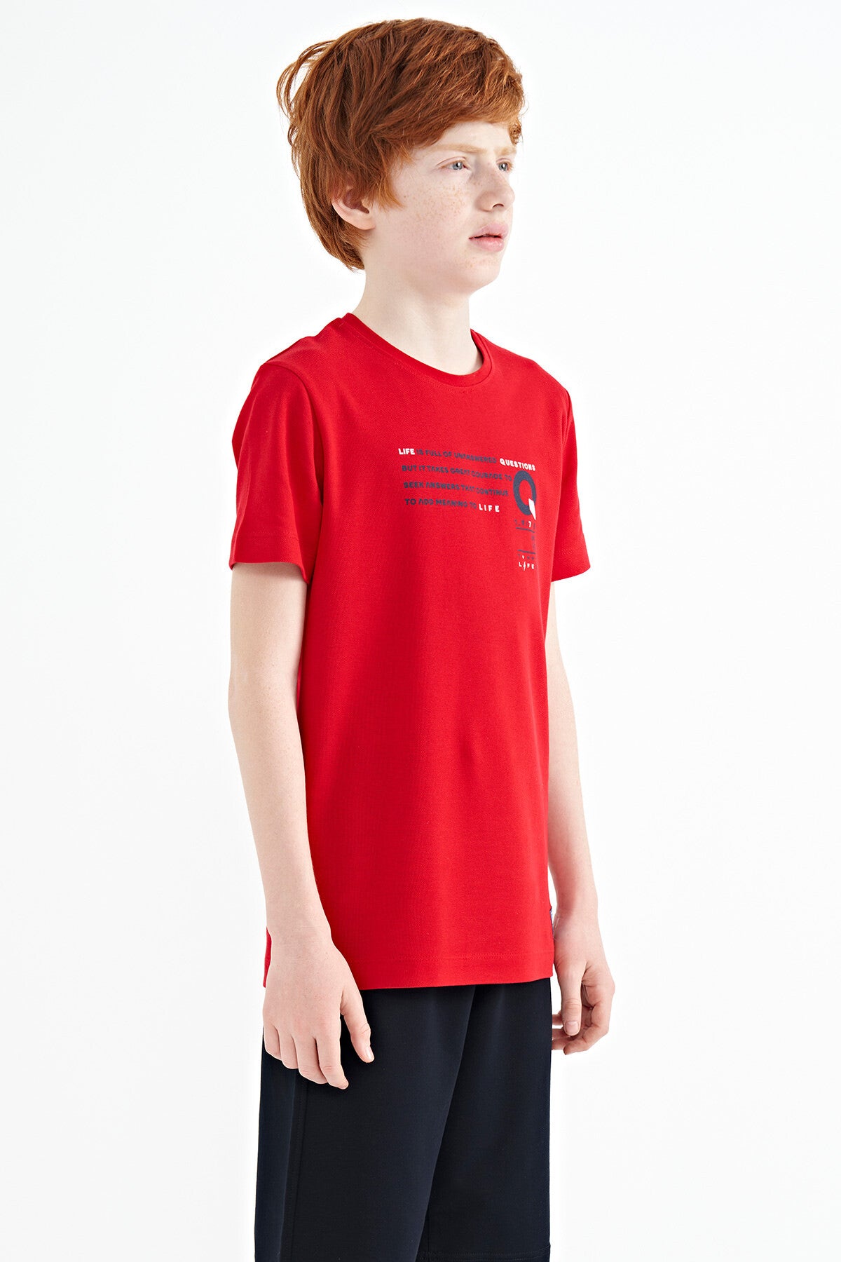 Image of Kırmızı Baskı Detaylı O Yaka Standart Kalıp Erkek Çocuk T-Shirt - 11145