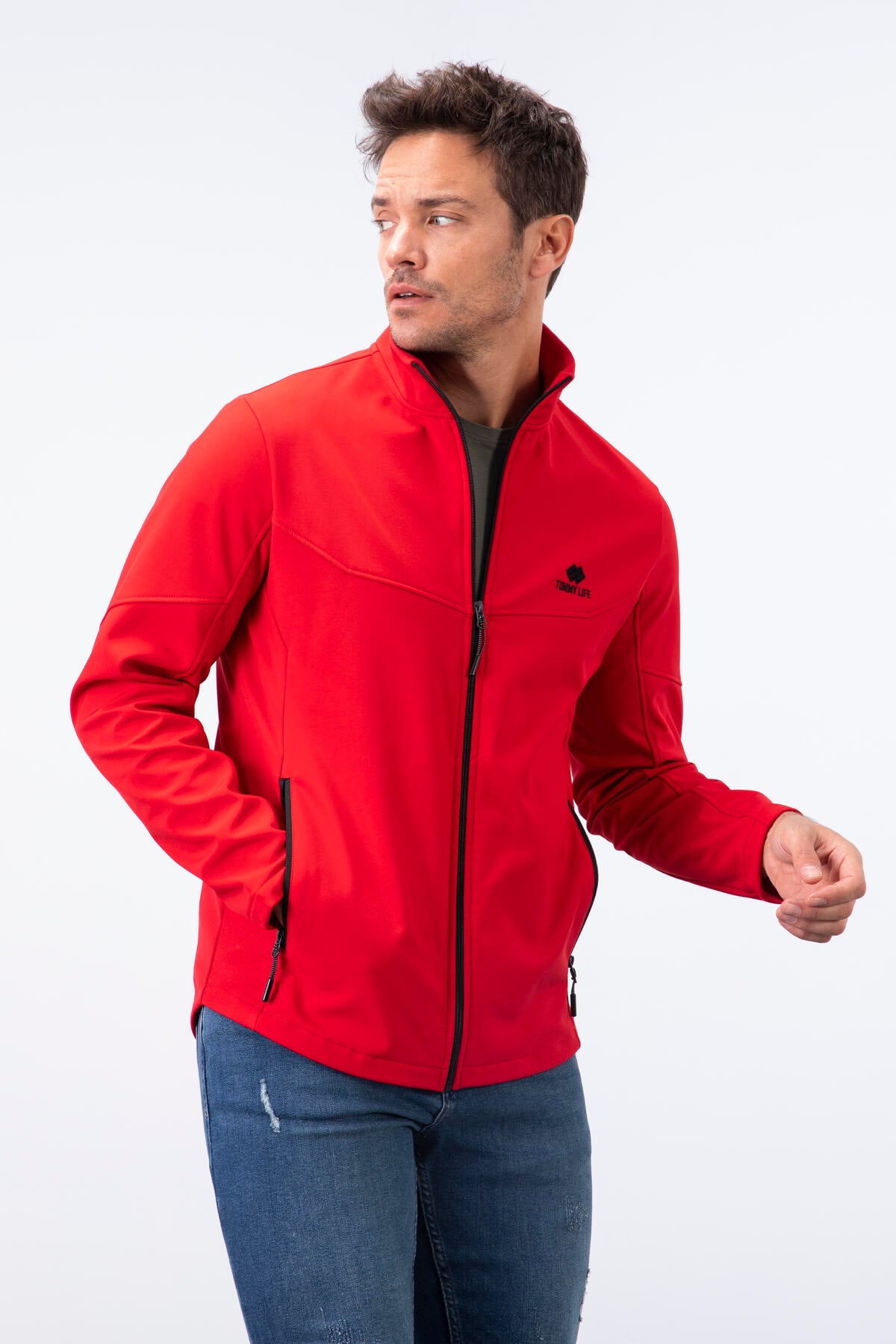 Image of Kırmızı Fermuarlı Dik Yaka Su ve Rüzgar Geçirmez Softshell Erkek Mont - 88050