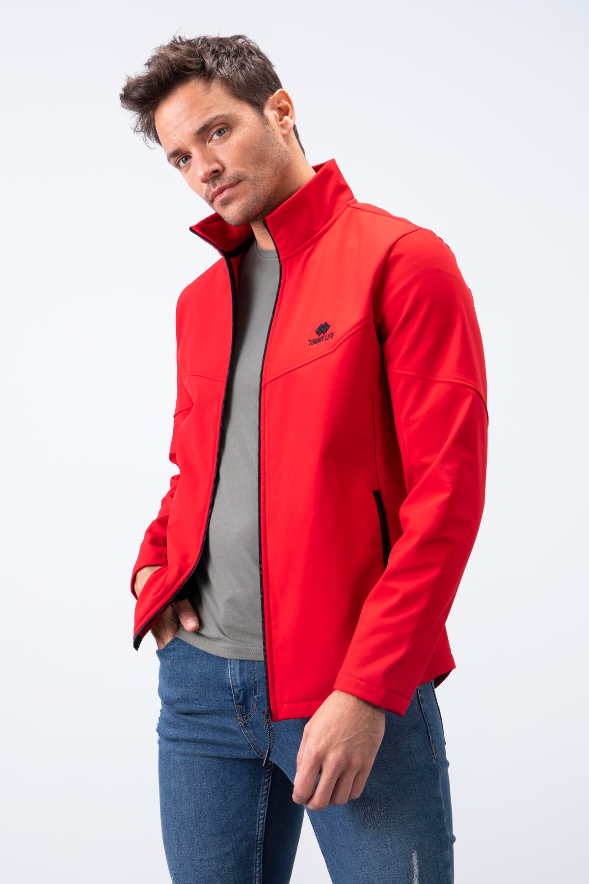 Image of Kırmızı Fermuarlı Dik Yaka Su ve Rüzgar Geçirmez Softshell Erkek Mont - 88050