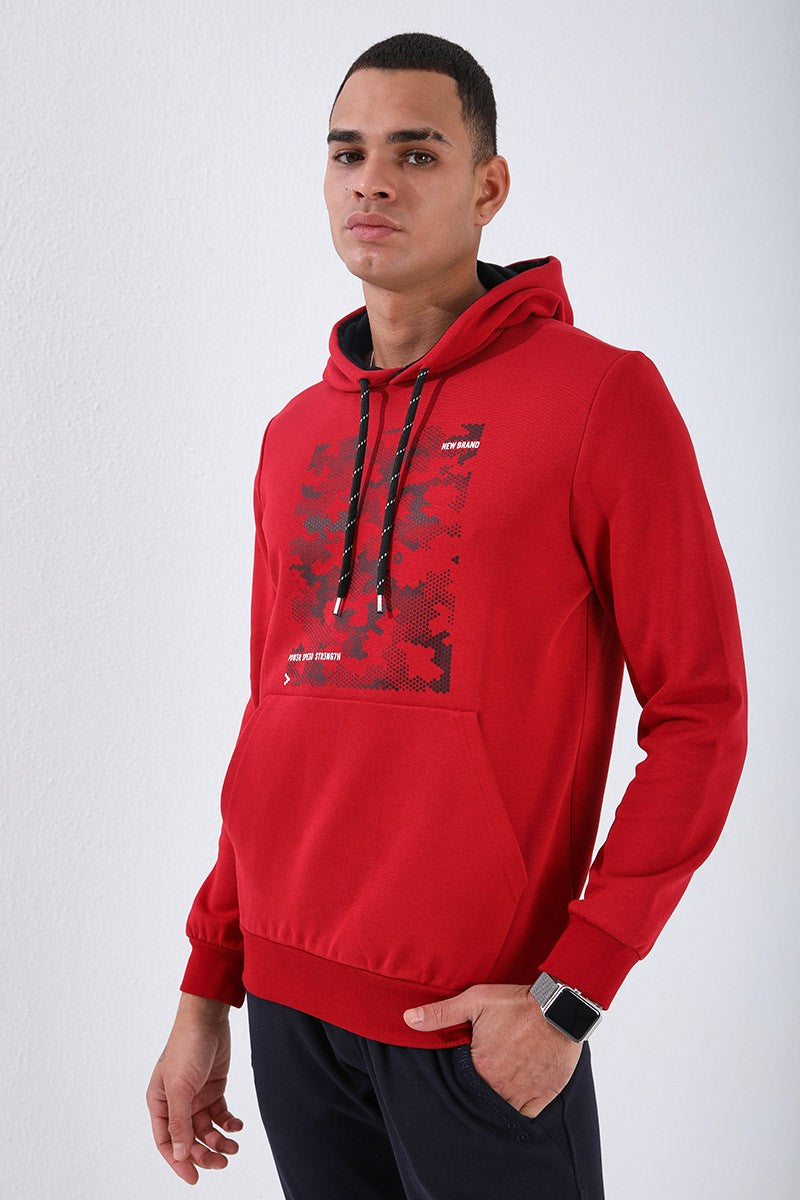 Image of Kırmızı Kamuflaj Desen Baskılı Standart Kalıp Kapüşonlu Erkek Sweatshirt - 87884