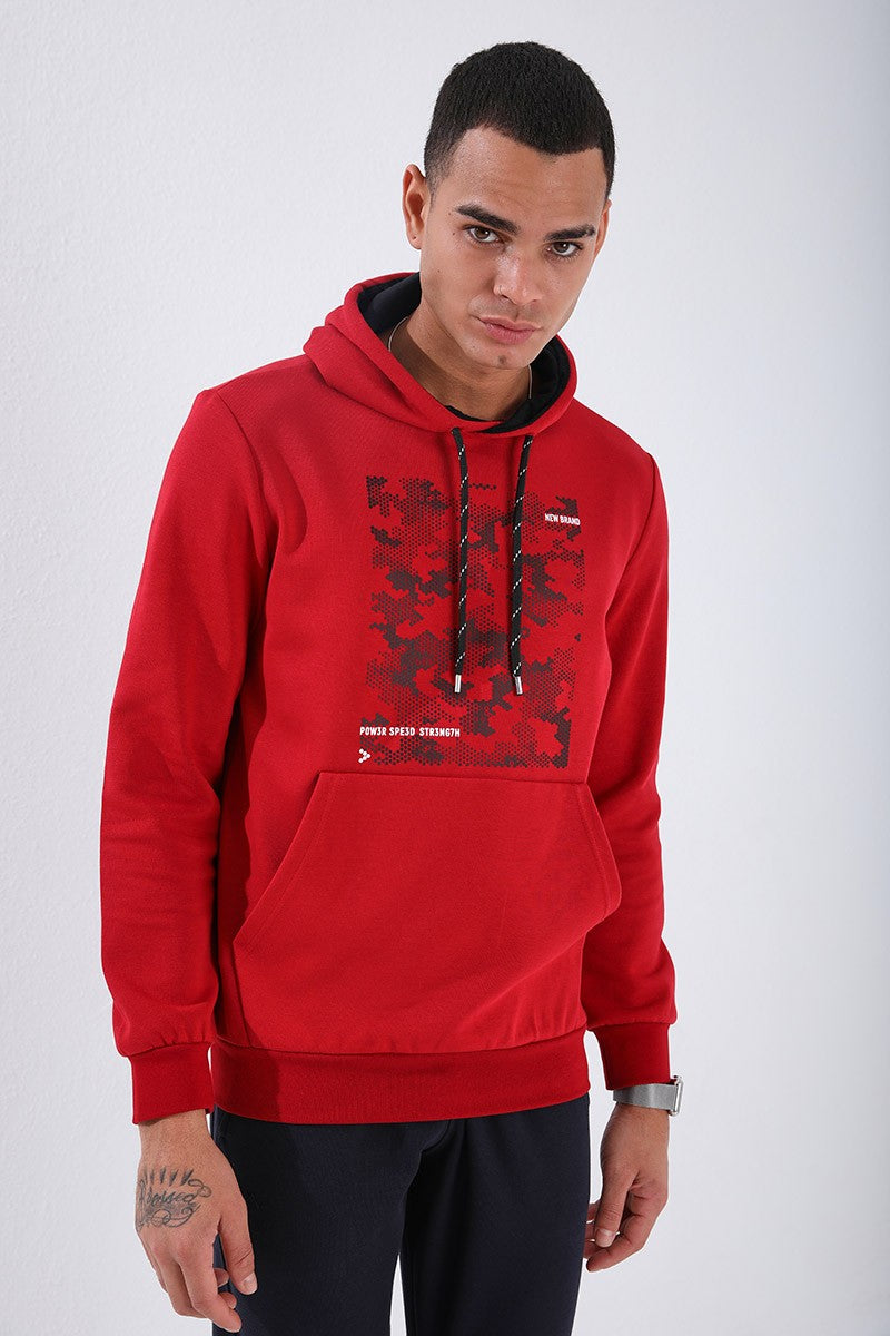 Image of Kırmızı Kamuflaj Desen Baskılı Standart Kalıp Kapüşonlu Erkek Sweatshirt - 87884