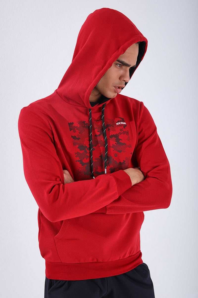 Image of Kırmızı Kamuflaj Desen Baskılı Standart Kalıp Kapüşonlu Erkek Sweatshirt - 87884