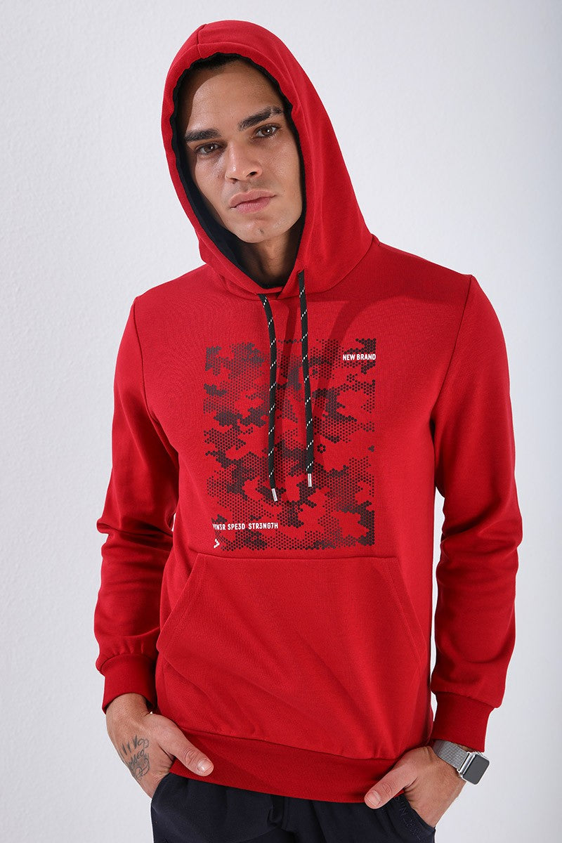 Image of Kırmızı Kamuflaj Desen Baskılı Standart Kalıp Kapüşonlu Erkek Sweatshirt - 87884