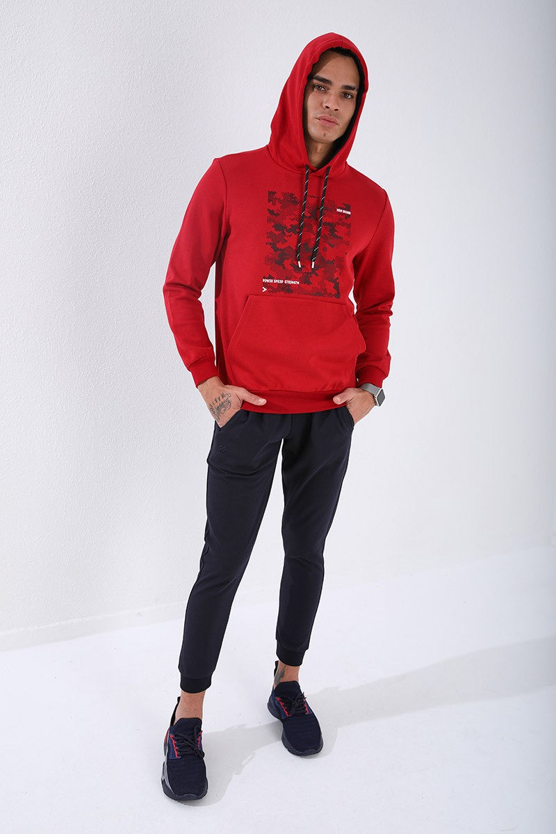 Image of Kırmızı Kamuflaj Desen Baskılı Standart Kalıp Kapüşonlu Erkek Sweatshirt - 87884