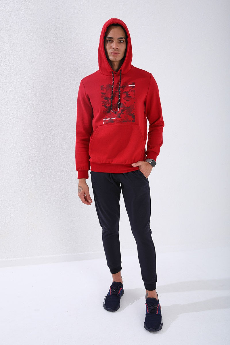 Image of Kırmızı Kamuflaj Desen Baskılı Standart Kalıp Kapüşonlu Erkek Sweatshirt - 87884
