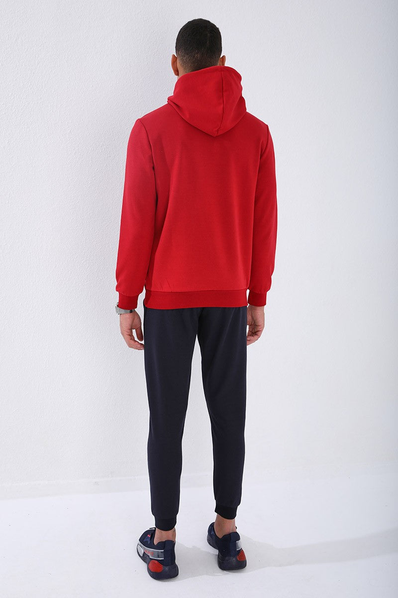 Image of Kırmızı Kamuflaj Desen Baskılı Standart Kalıp Kapüşonlu Erkek Sweatshirt - 87884