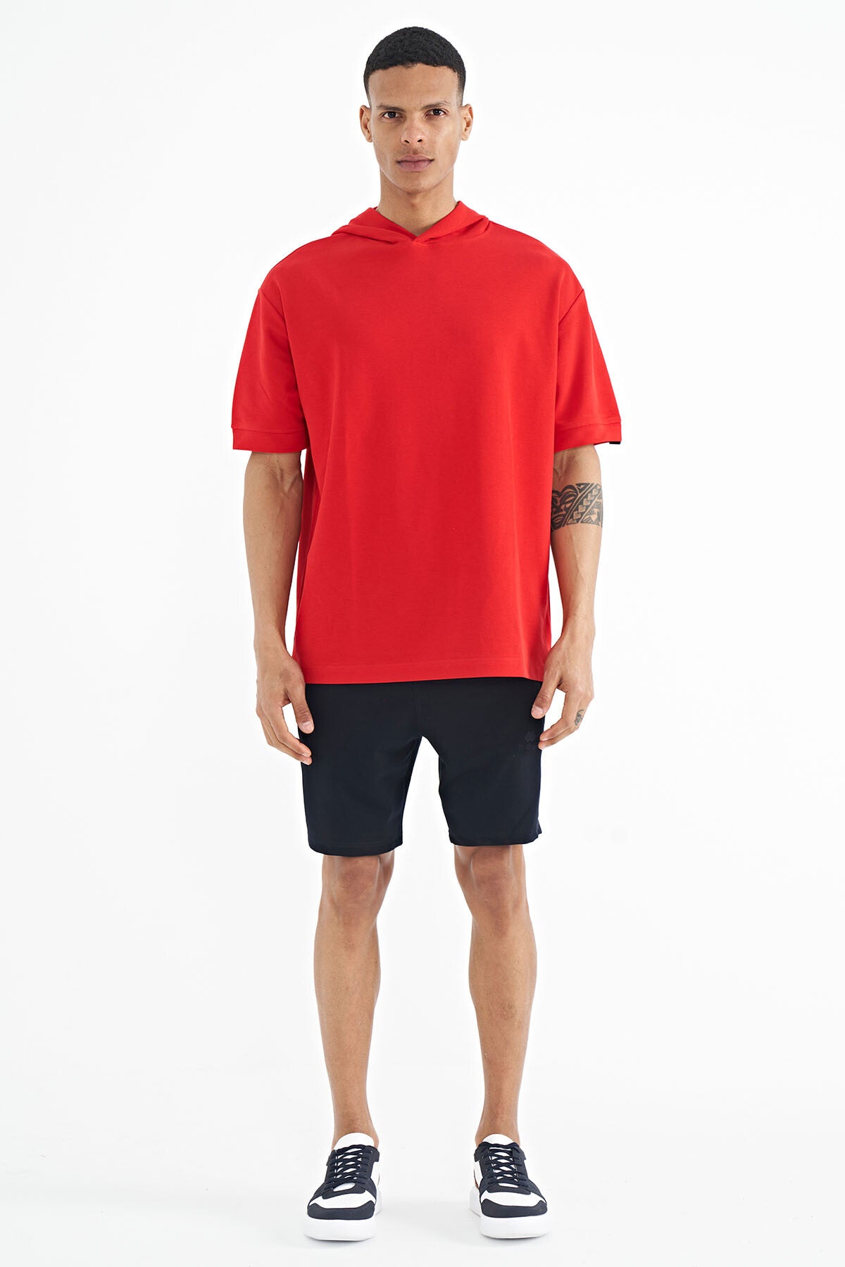 Image of Red Hooded Oversize Men's T-shirt with Sleeve Tag Detail - 88179