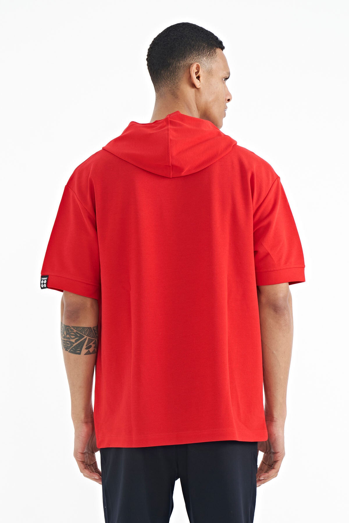 Image of Red Hooded Oversize Men's T-shirt with Sleeve Tag Detail - 88179