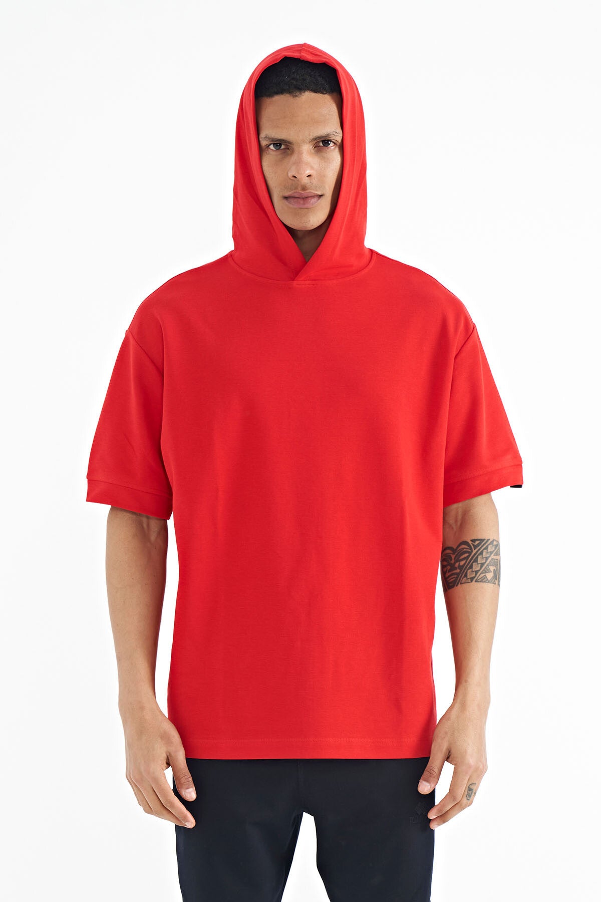 Image of Red Hooded Oversize Men's T-shirt with Sleeve Tag Detail - 88179