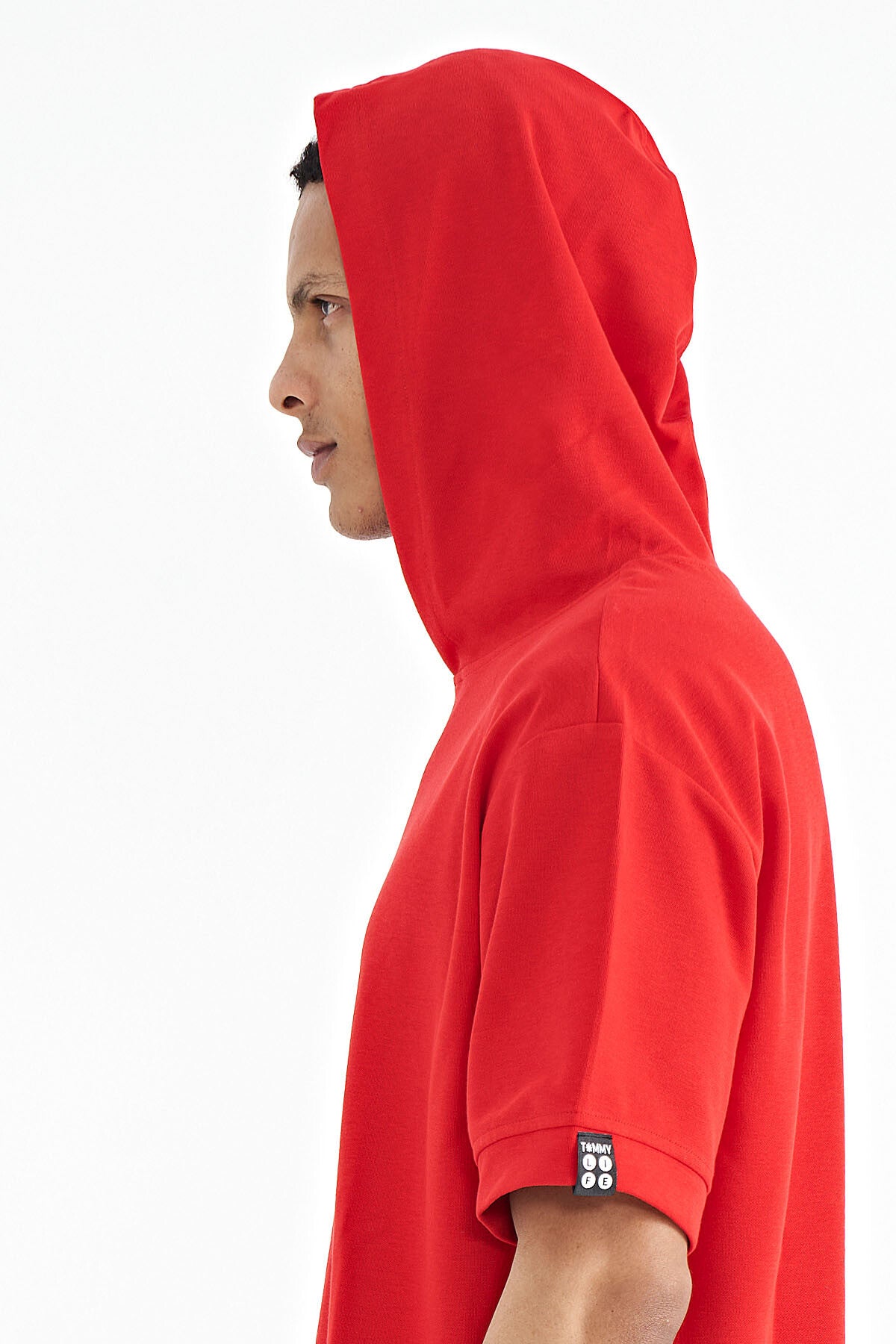 Image of Red Hooded Oversize Men's T-shirt with Sleeve Tag Detail - 88179