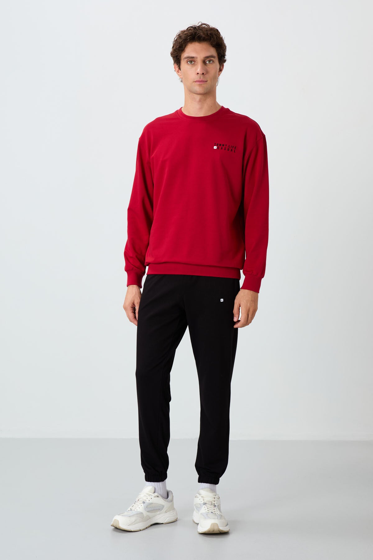 Image of Kırmızı - Siyah Casual O Yaka Lastik Paça Pamuklu Erkek Oversize Eşofman Takımı - 85120