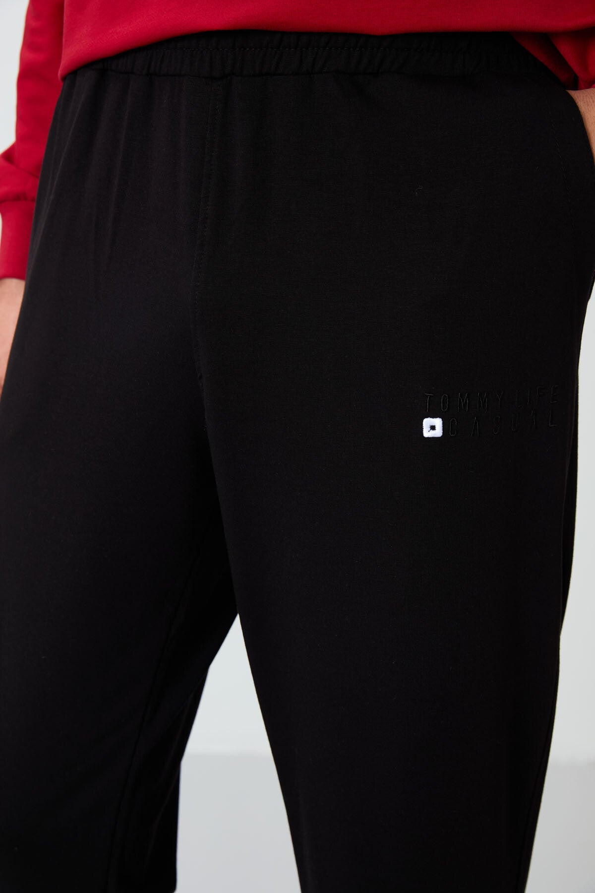 Image of Kırmızı - Siyah Casual O Yaka Lastik Paça Pamuklu Erkek Oversize Eşofman Takımı - 85120