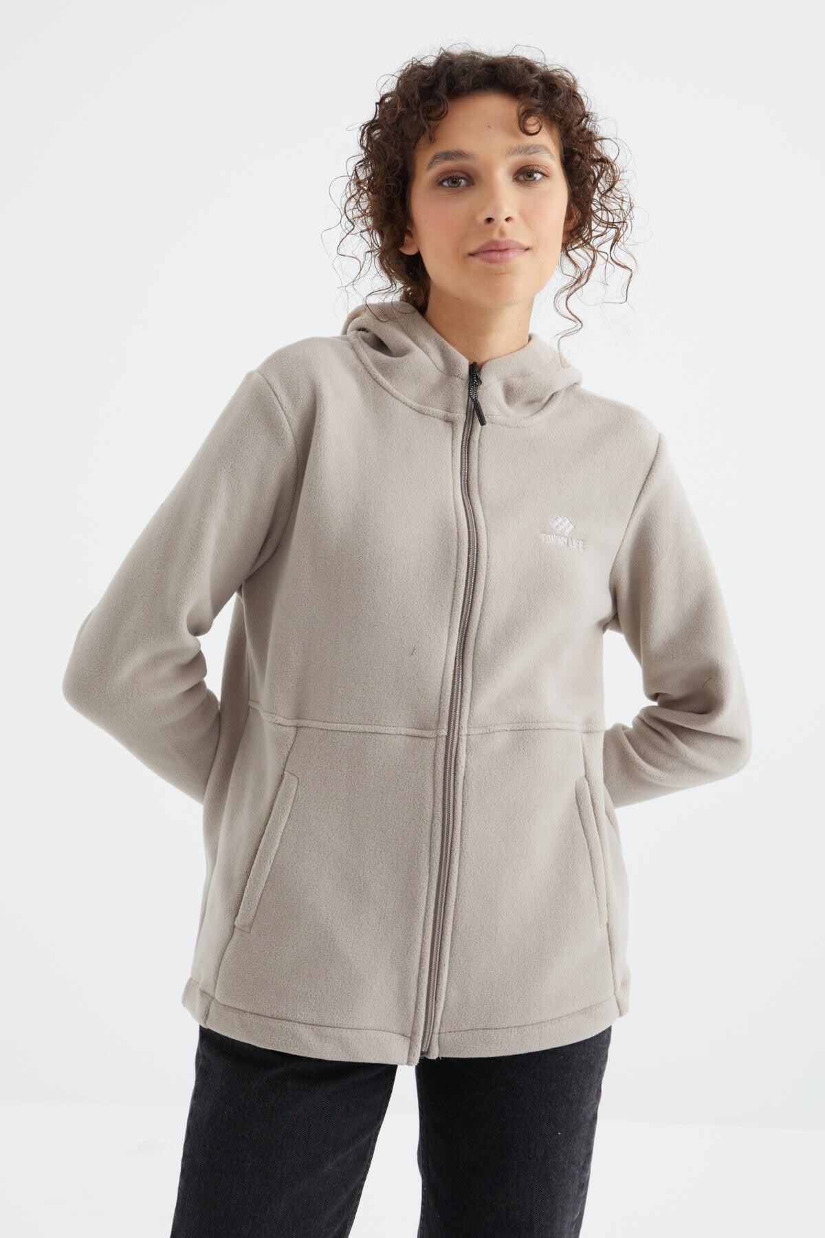 Image of Koyu Bej Kapüşonlu Fermuarlı Rahat Form Kadın Polar Sweatshirt - 97233
