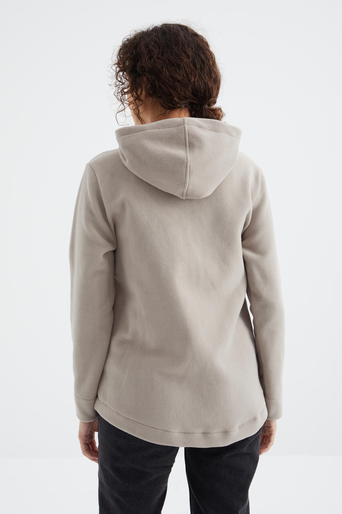 Image of Koyu Bej Kapüşonlu Fermuarlı Rahat Form Kadın Polar Sweatshirt - 97233