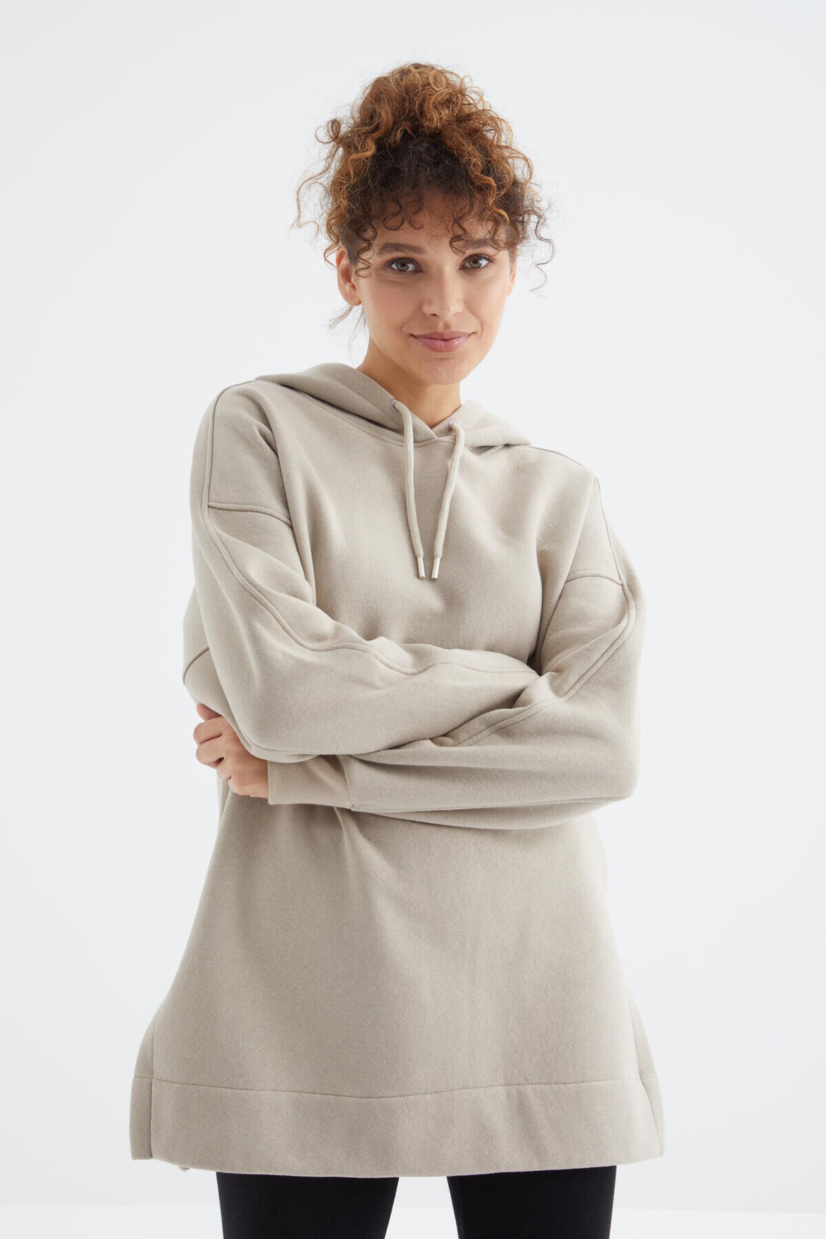 Image of Koyu Bej Reglan Kol Basic Kapüşonlu Oversize Sweatshirt Tunik - 97242