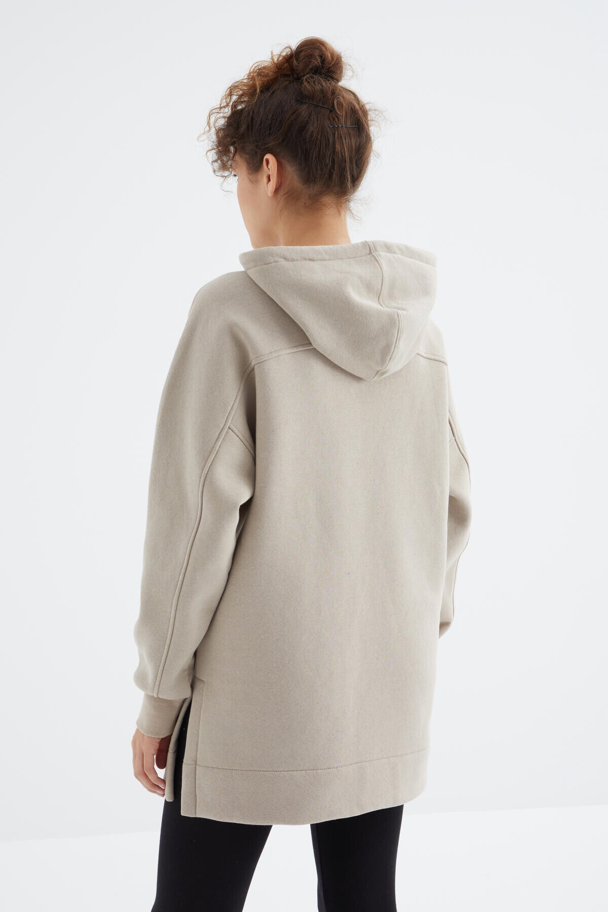 Image of Koyu Bej Reglan Kol Basic Kapüşonlu Oversize Sweatshirt Tunik - 97242