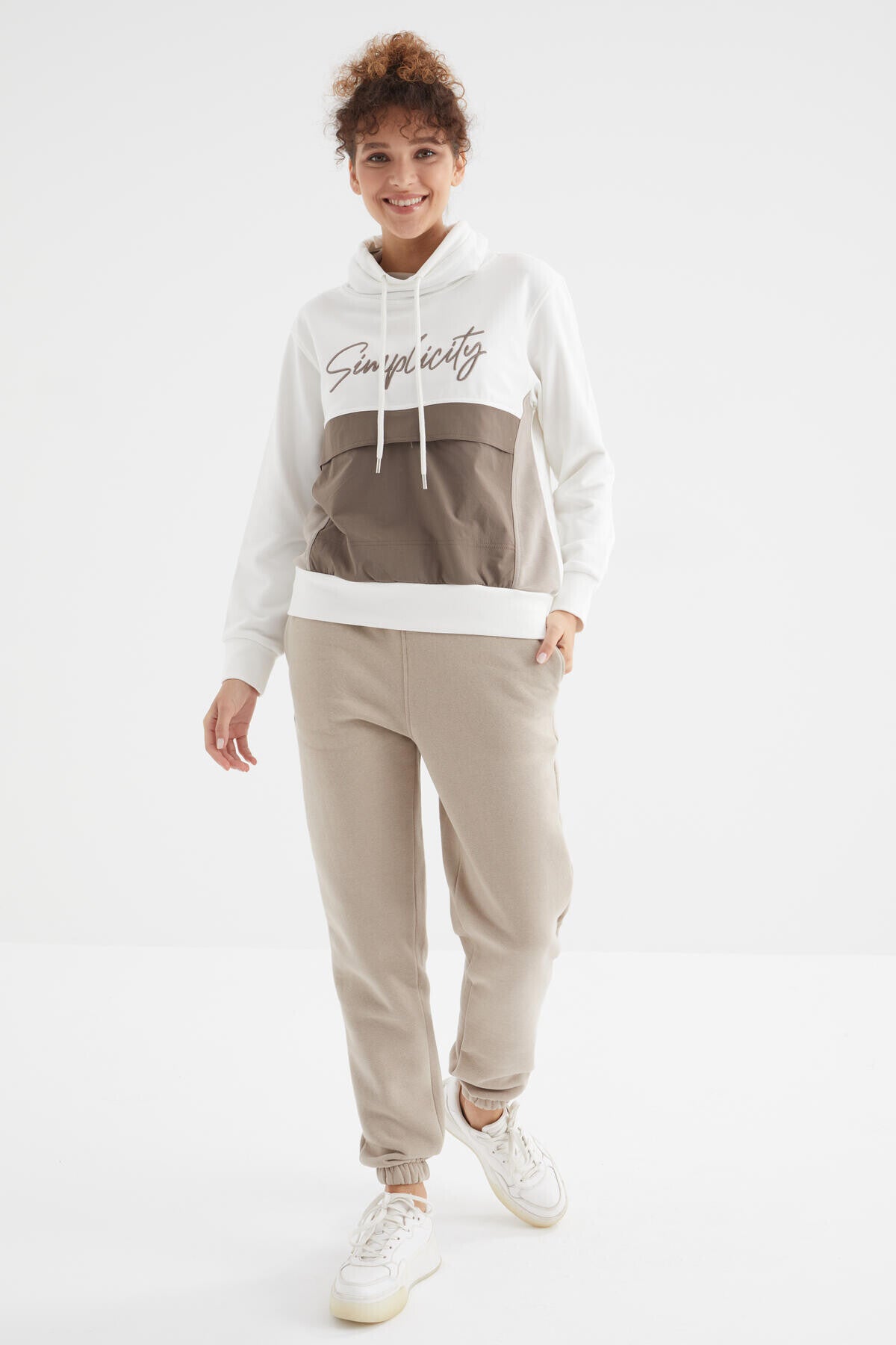 Image of Koyu Bej Yüksek Bel Şardonlu 3 İplik Pamuklu Basic Kadın Eşofman Alt - 94624