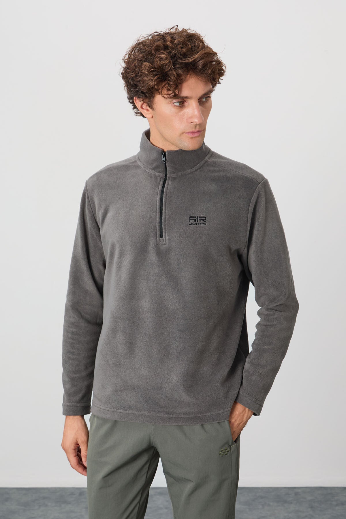 Image of River Dark Grey Stand-Up Collar Men's Fleece Sweatshirt - 88310