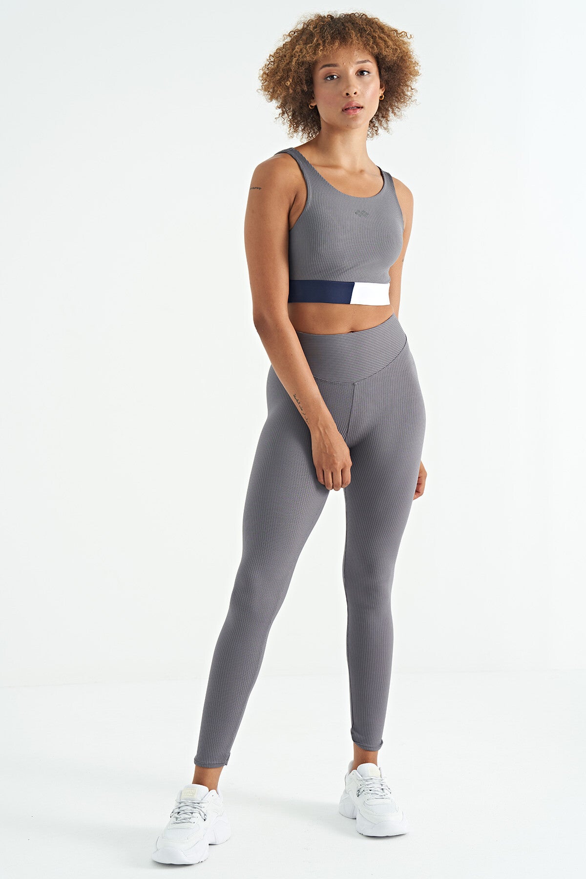 Image of Dark Grey Color Block Logo Print Slim Fit Ribbed Women's Bustier - 97275