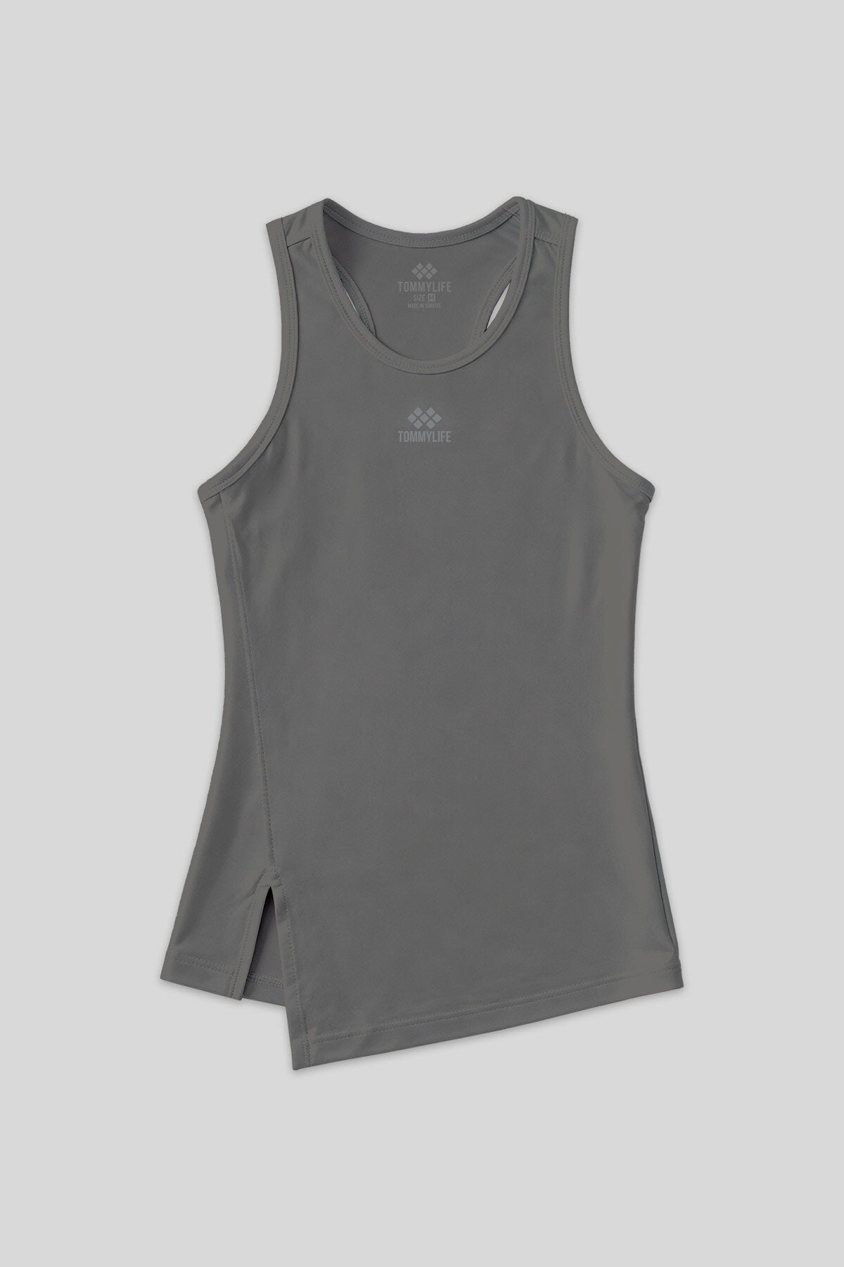 Image of Koyu Gri Yırtmaç Detaylı O Yaka Sıfır Kollu Standart Kalıp Kadın Spor Atlet - 97256