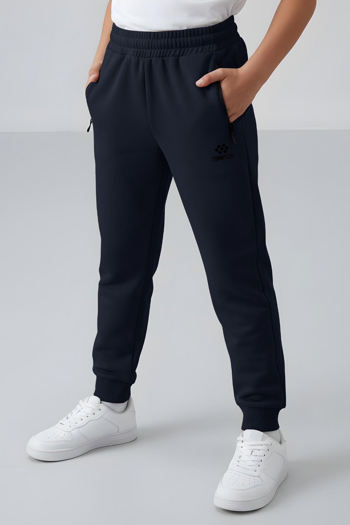 Image of Pantaloni de trening bleumarin cu fermoar, croială standard, slim, pentru băieți - 64042