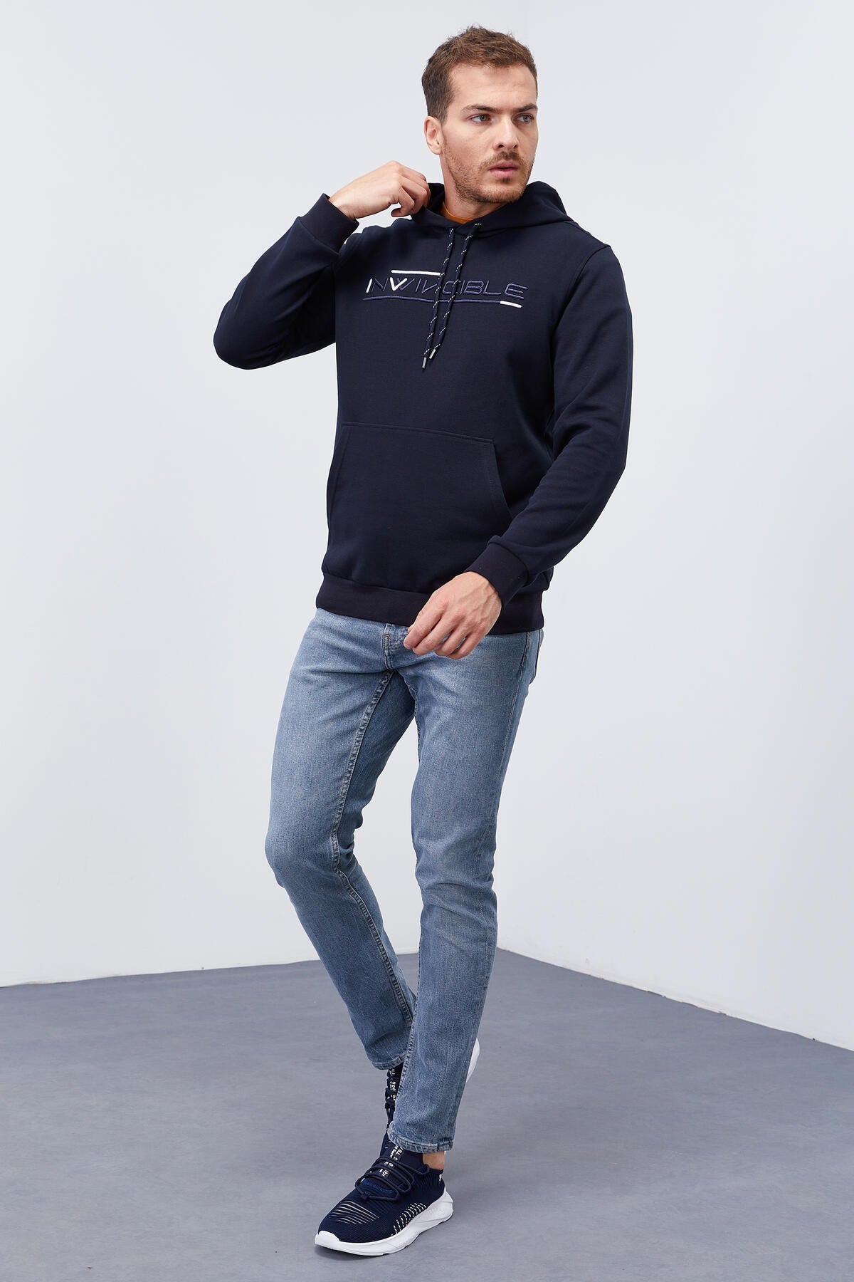 Image of Lacivert Kanguru Cep Standart Kalıp Kapüşonlu Erkek Sweatshirt - 87883