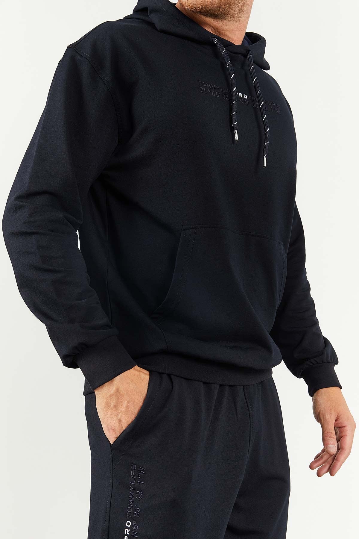 Image of Lacivert Kapüşonlu Kanguru Cep Lastik Paça Erkek Oversize Eşofman Takımı - 85117