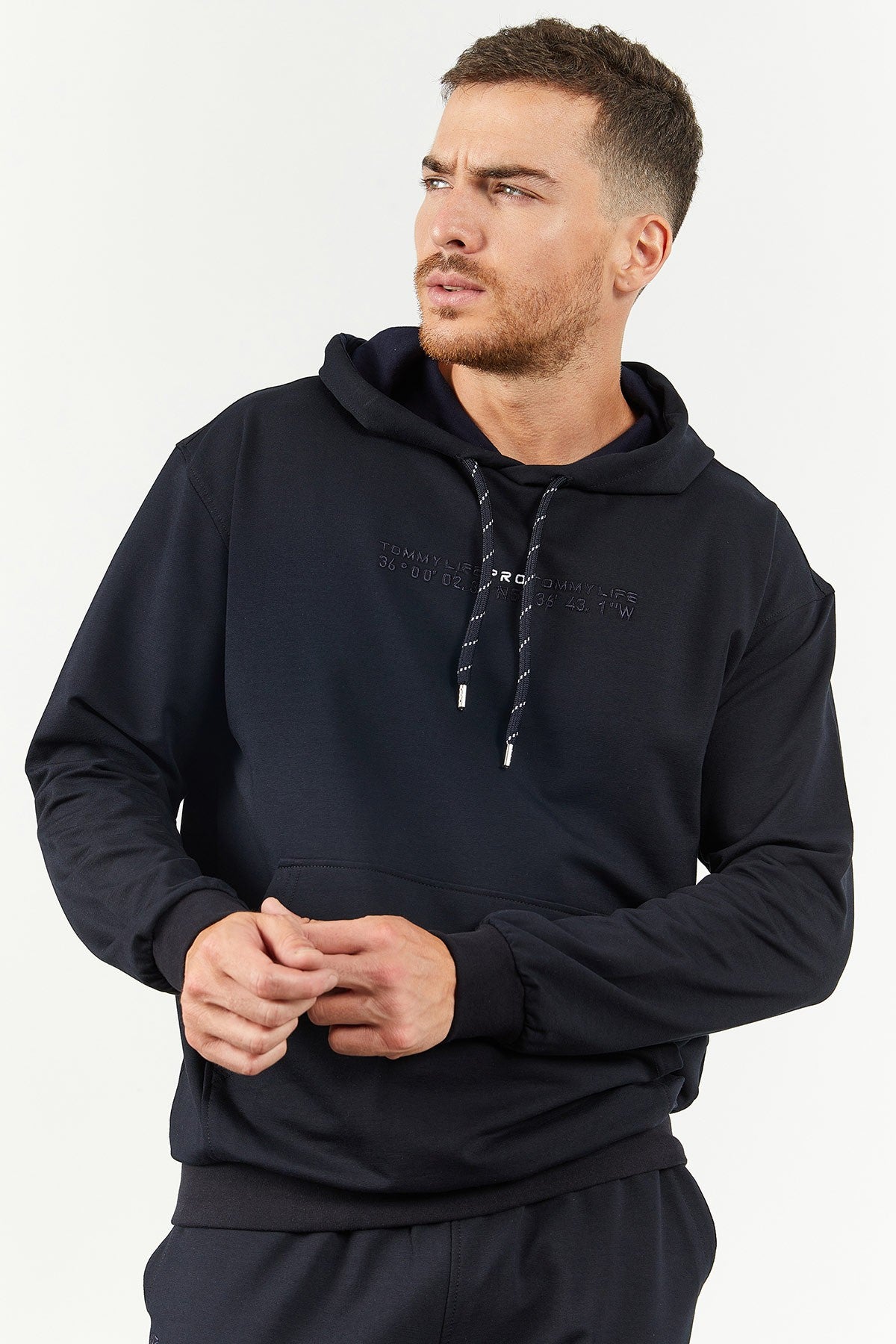 Image of Lacivert Kapüşonlu Kanguru Cep Lastik Paça Erkek Oversize Eşofman Takımı - 85117