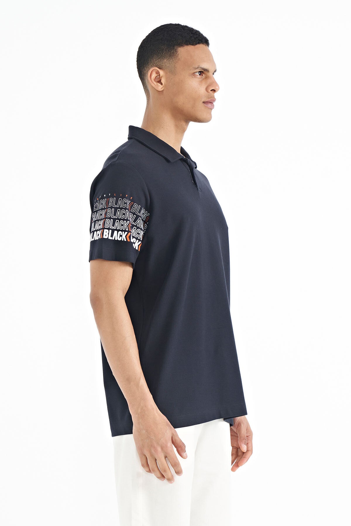 Image of Lacivert Kol Baskı Detaylı Polo Yaka Standart Form Erkek T-shirt - 88240