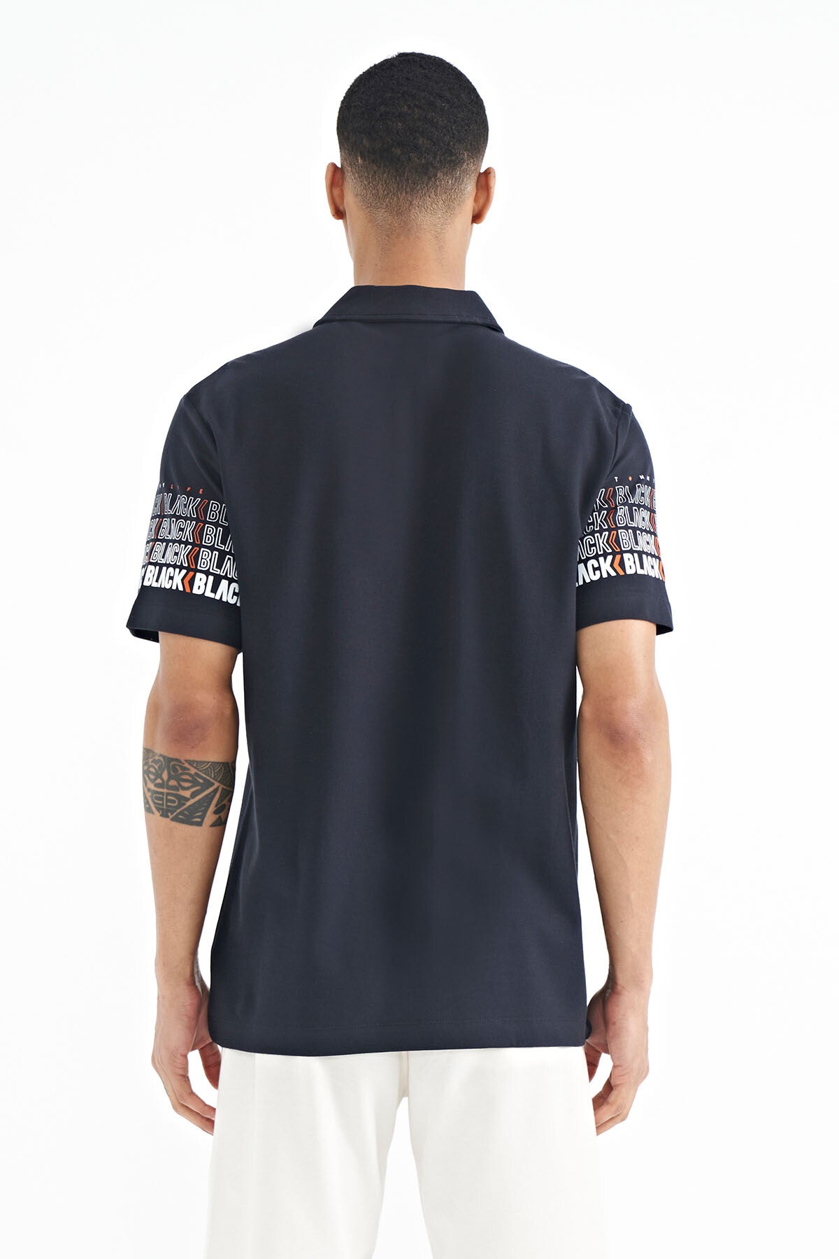 Image of Lacivert Kol Baskı Detaylı Polo Yaka Standart Form Erkek T-shirt - 88240