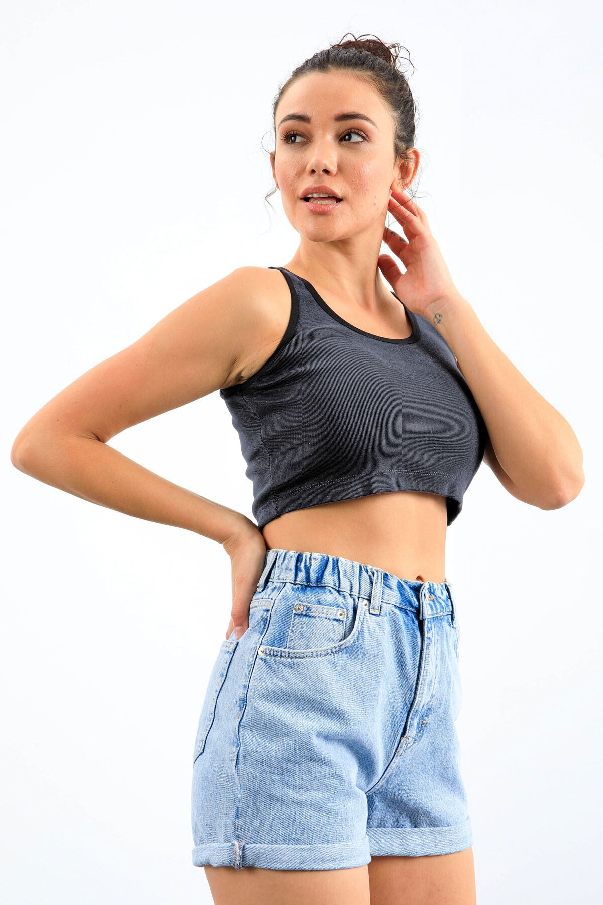 Image of Lacivert Melanj Basic Sıfır Kol Dar Kalıp U Yaka Kadın Crop Top Atlet - 97162
