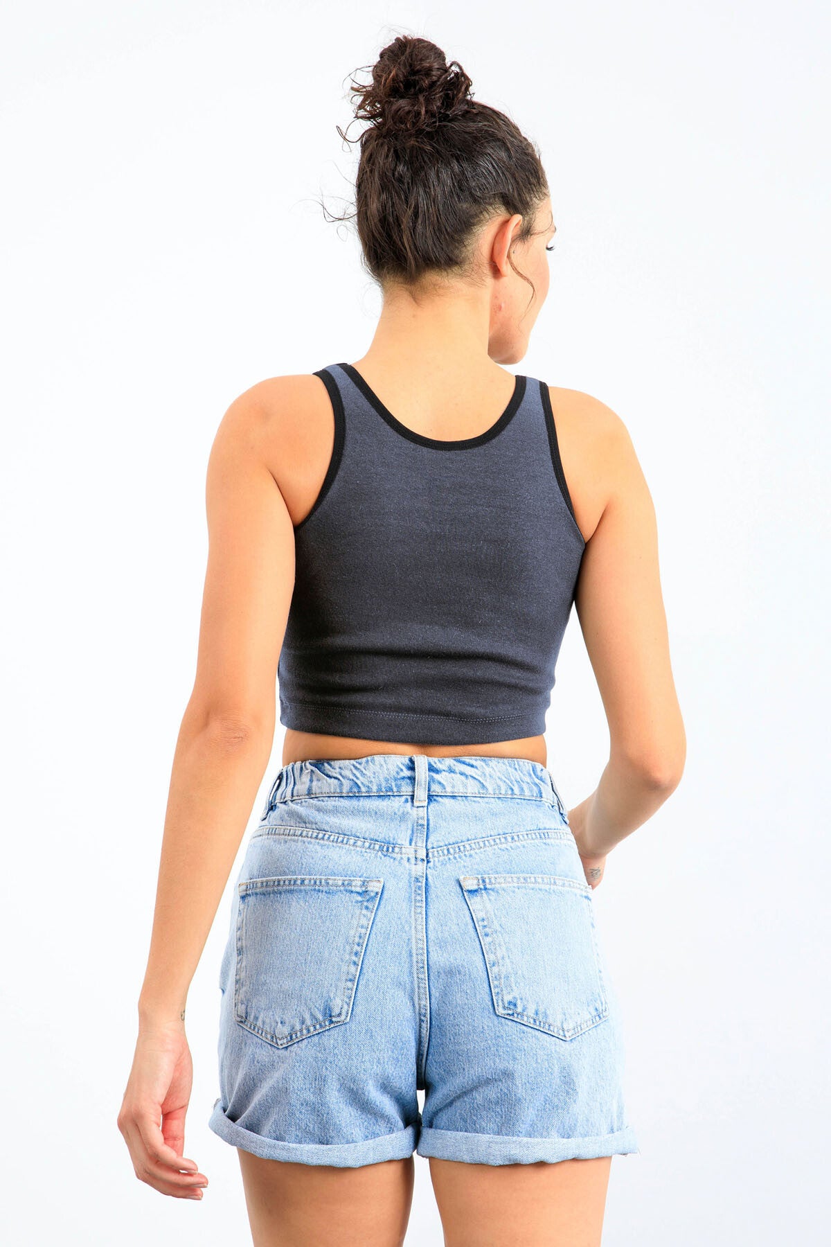 Image of Lacivert Melanj Basic Sıfır Kol Dar Kalıp U Yaka Kadın Crop Top Atlet - 97162