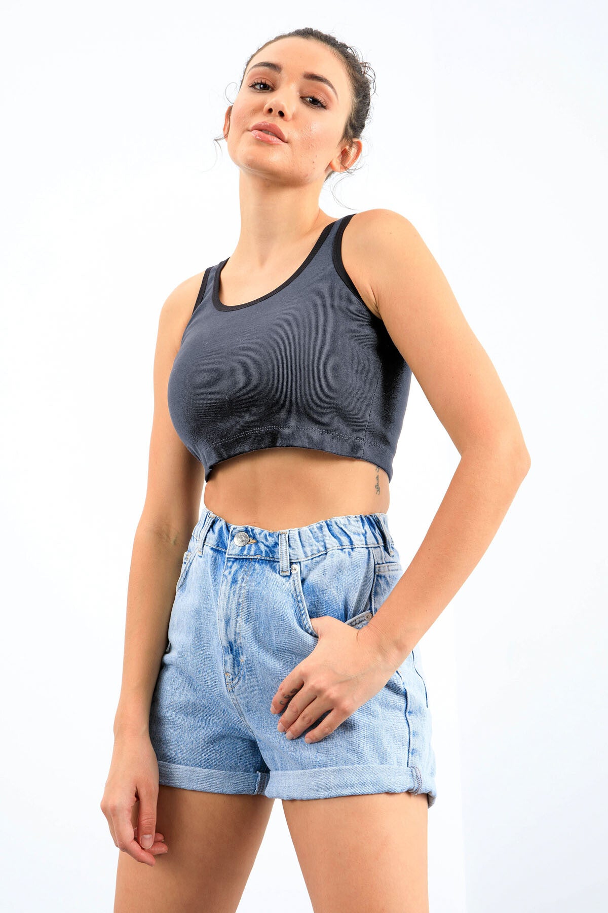 Image of Lacivert Melanj Basic Sıfır Kol Dar Kalıp U Yaka Kadın Crop Top Atlet - 97162