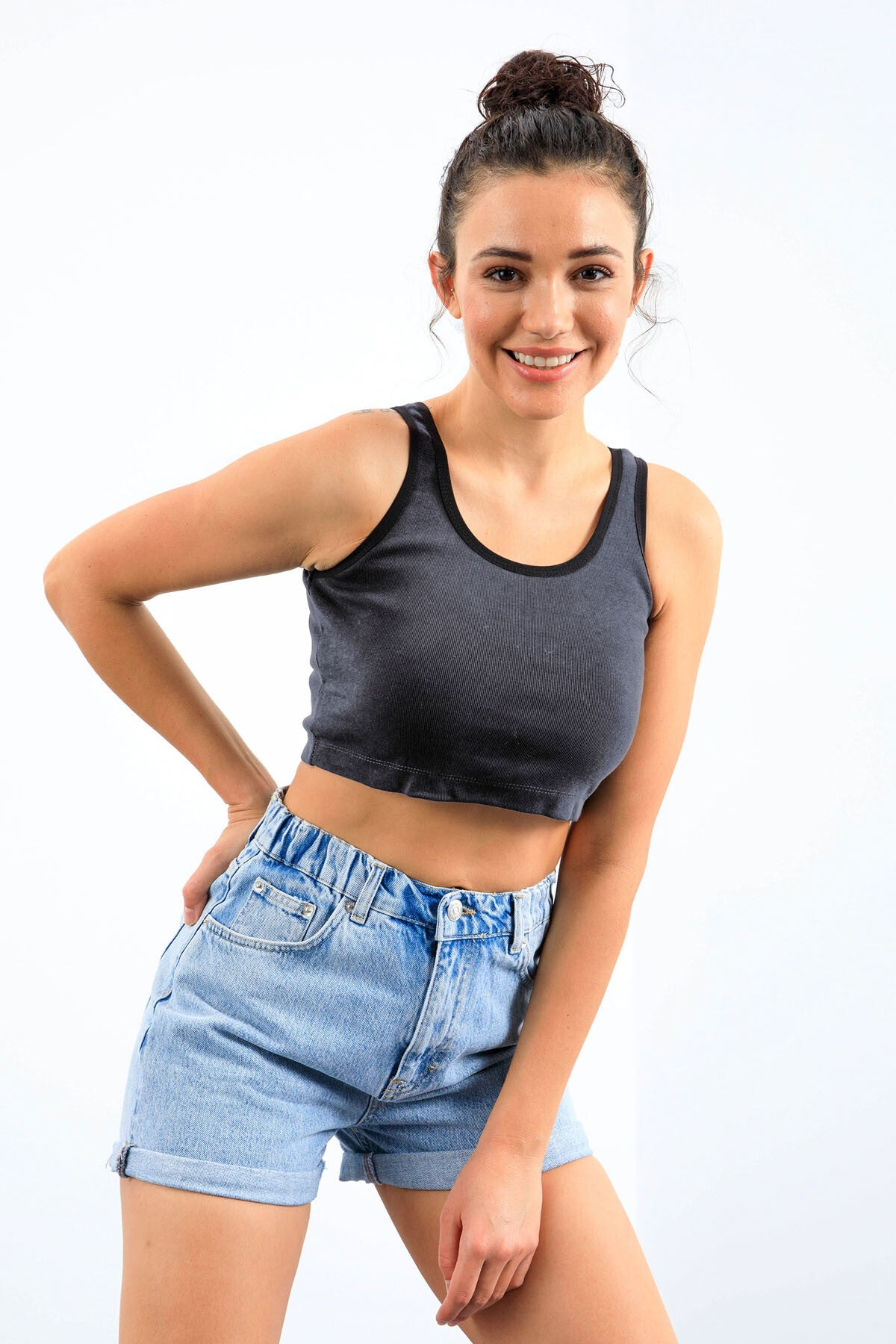 Image of Lacivert Melanj Basic Sıfır Kol Dar Kalıp U Yaka Kadın Crop Top Atlet - 97162