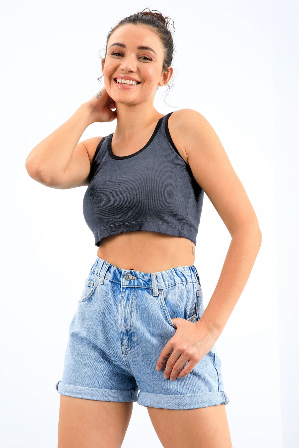 Image of Lacivert Melanj Basic Sıfır Kol Dar Kalıp U Yaka Kadın Crop Top Atlet - 97162