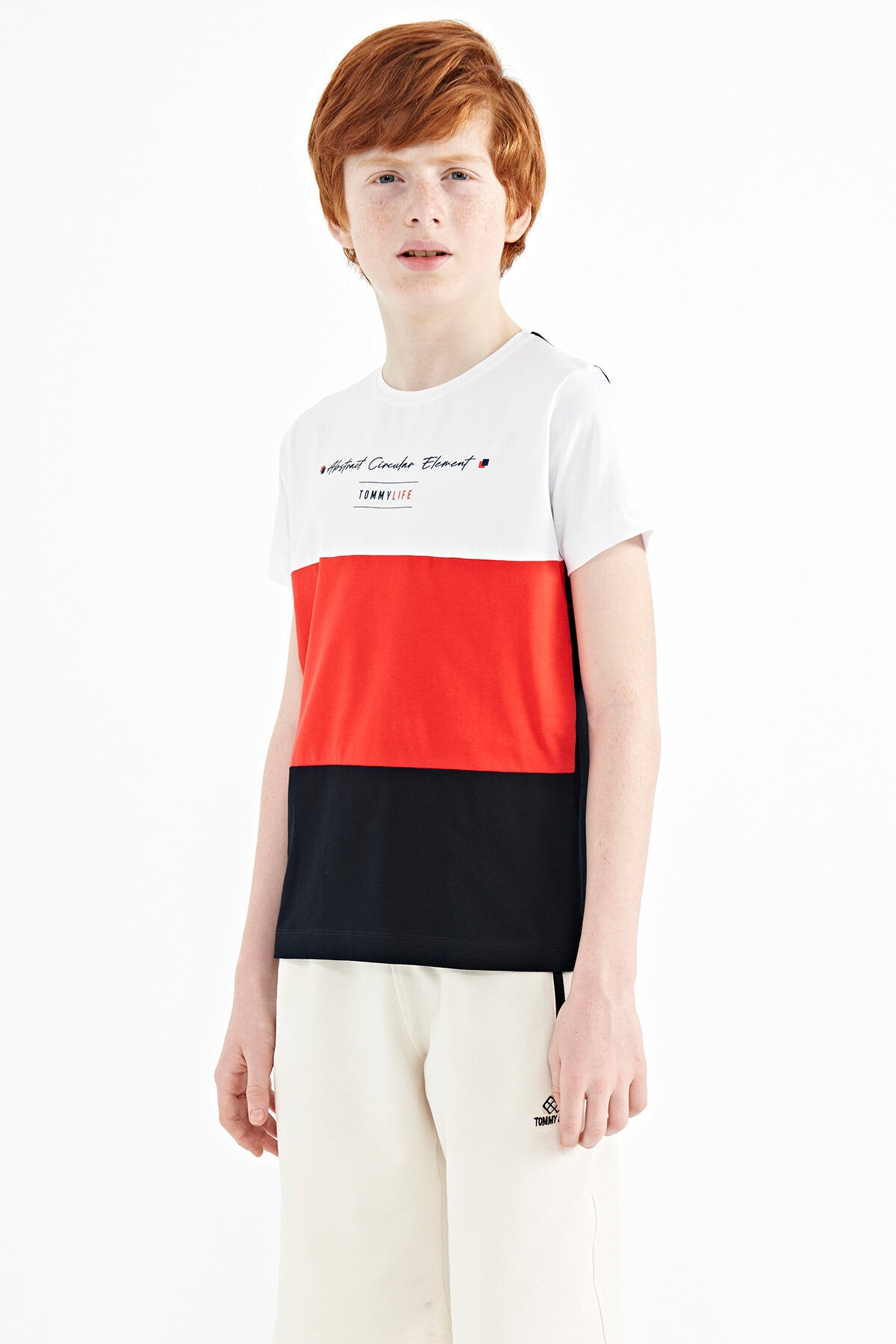 Image of Lacivert Renk Bloklu O Yaka Baskı Detaylı Standart Kalıp Erkek Çocuk T-Shirt - 11135