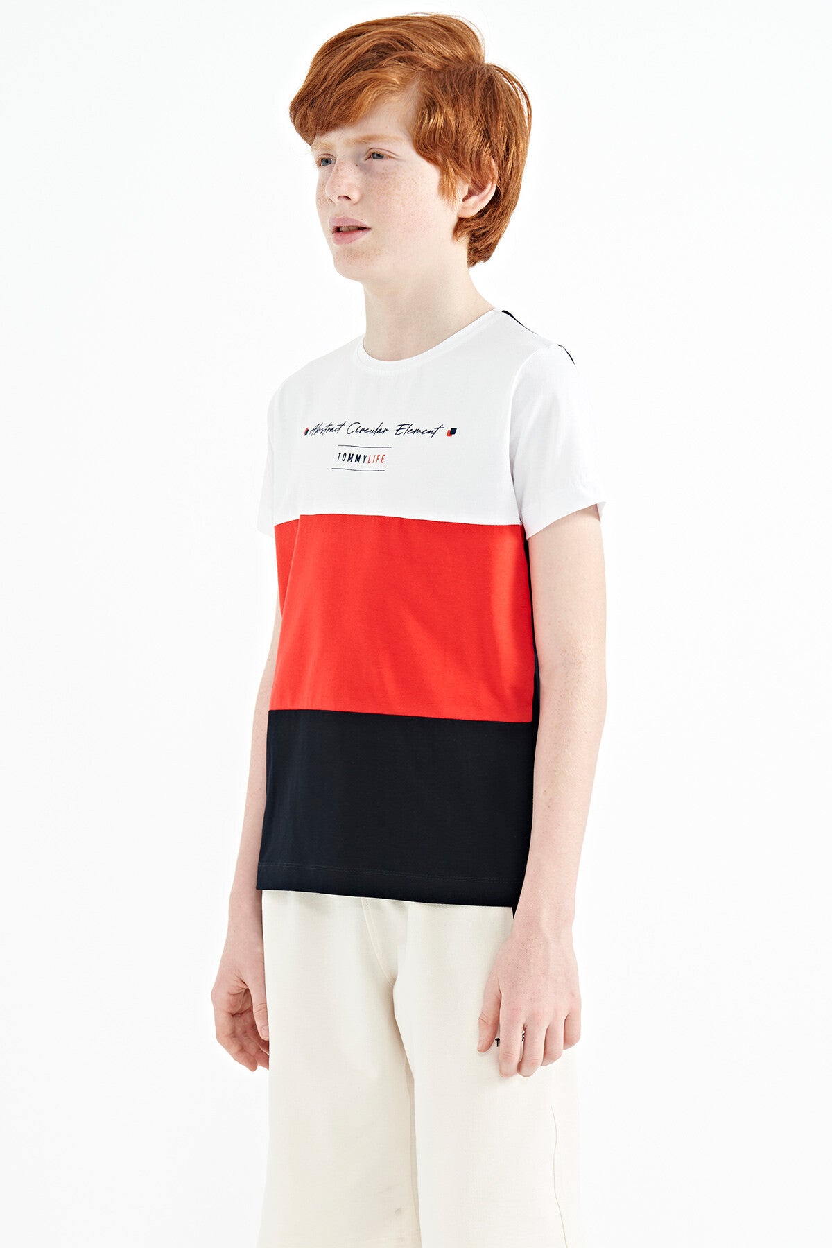 Image of Lacivert Renk Bloklu O Yaka Baskı Detaylı Standart Kalıp Erkek Çocuk T-Shirt - 11135