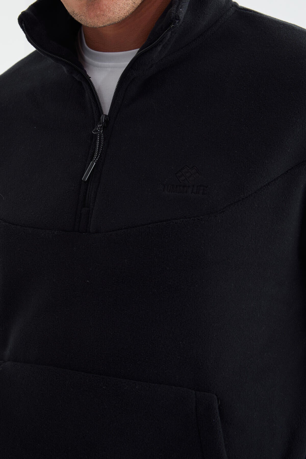 Image of Set trening bărbătesc din fleece, bleumarin, cu fermoar pe jumătate, guler înalt și tiv elastic - 85159