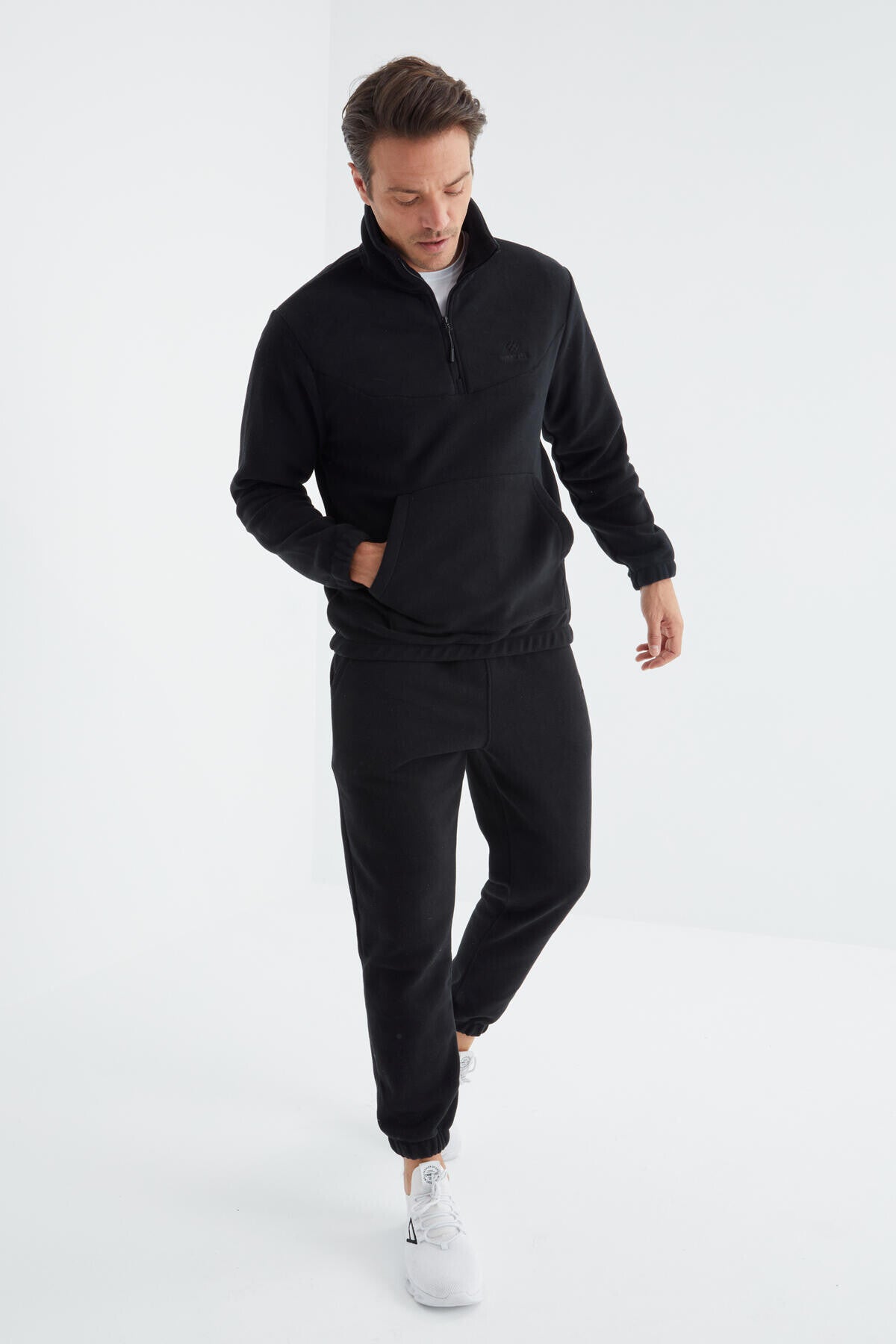 Image of Set trening bărbătesc din fleece, bleumarin, cu fermoar pe jumătate, guler înalt și tiv elastic - 85159