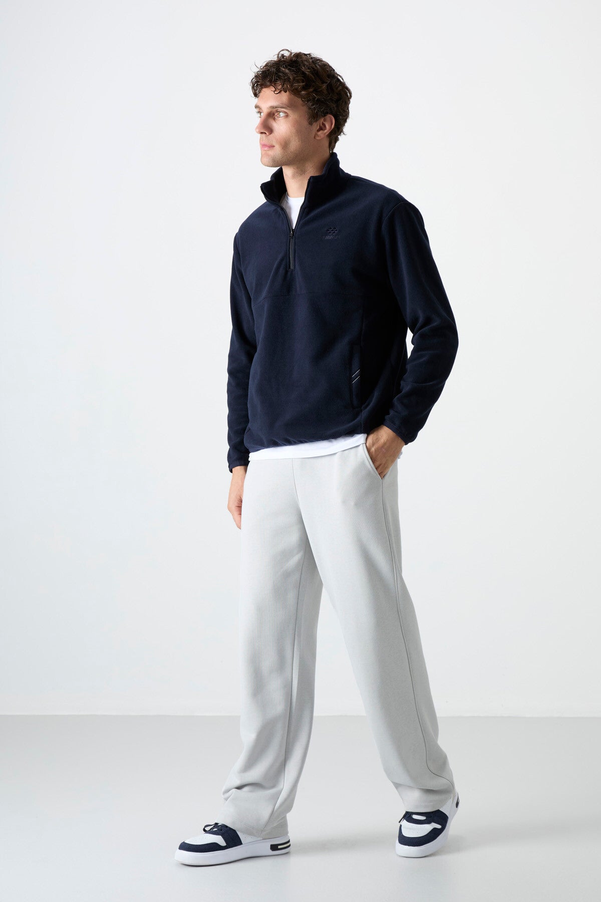Image of Lacivert Yarım Fermuarlı Sweatshirt Slim Fit Dik Yaka Erkek Polar - 87891