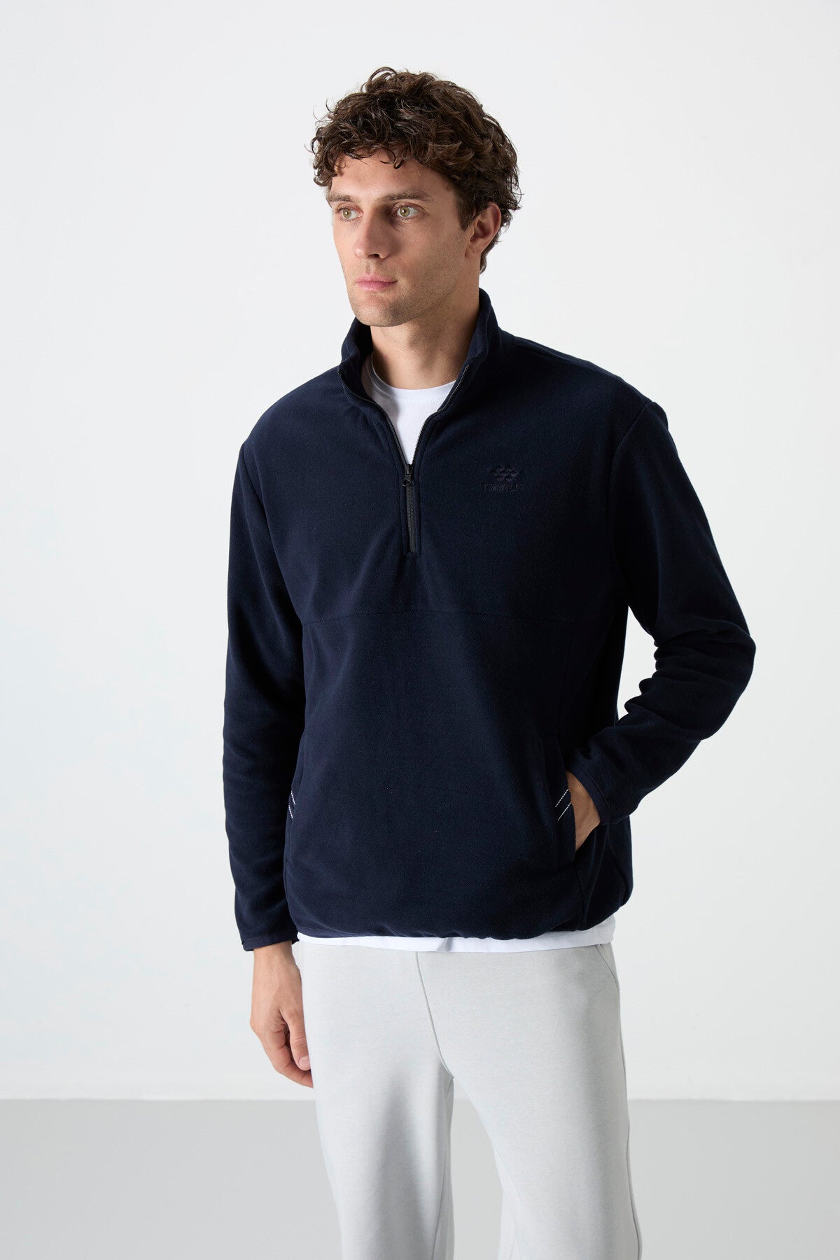 Image of Lacivert Yarım Fermuarlı Sweatshirt Slim Fit Dik Yaka Erkek Polar - 87891